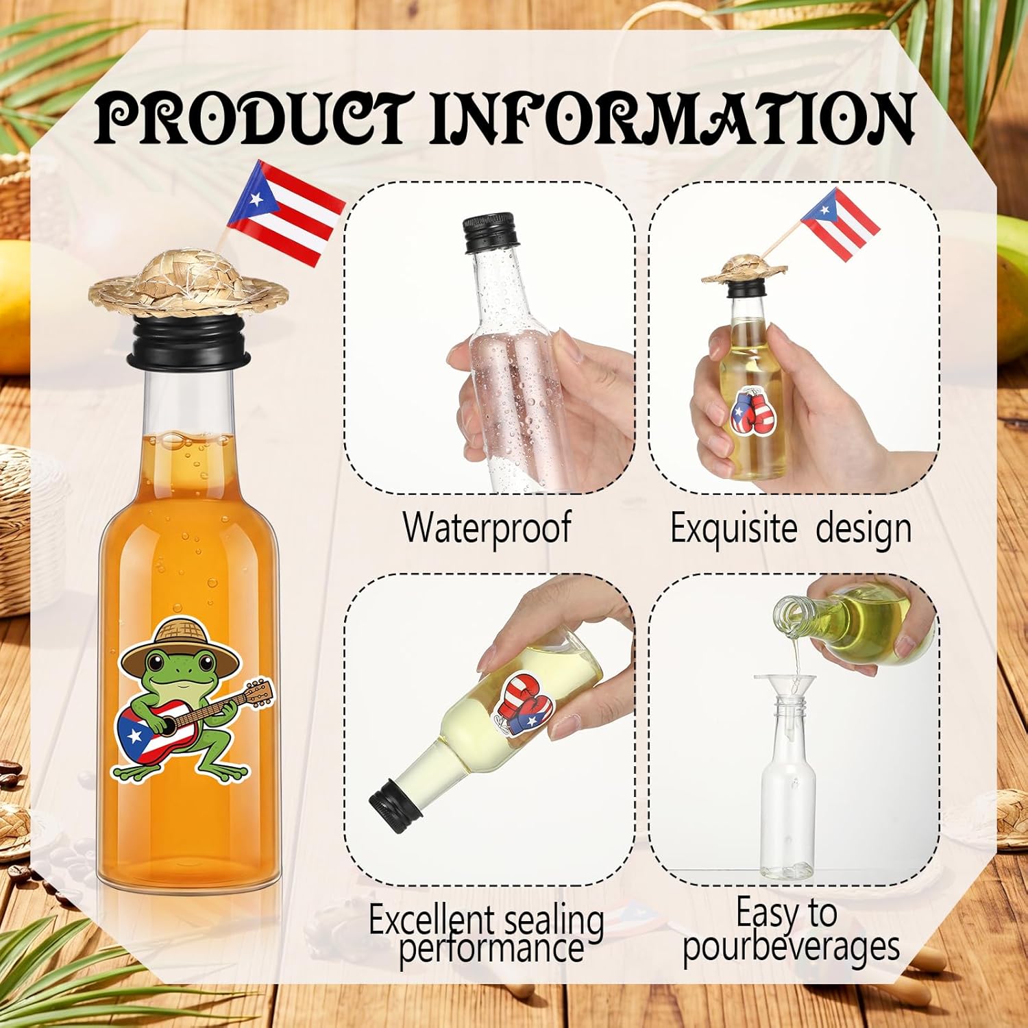 24 Sets Mini Puerto Rico Coquito Swing Top Bottle Plastic Wine Bottles with Airtight Cap Puerto Rico Stickers Mini Hats and Flags Convenient Funnels for Homemade Brewing Beverages Liqueur - Image 3