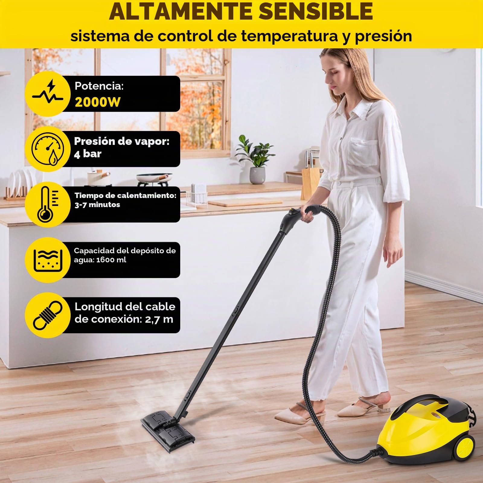 Vaporeta Limpieza Hogar 2000 W,Limpiador a Vapor con 1600ML Agua,4 Bar | 16 Accesorios,2.7m Alimentación,Elimina la Suciedad y la Grasa de Suelos, Muebles Tapizados y Superficies de Baño