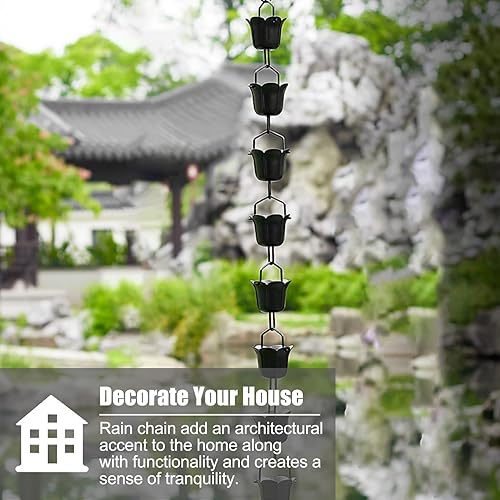 Miniatura 2 de EliteBloom Rain Chain Black Flower Cups Rain Chain System, 1-4 M Long Rainwater Catcher, Roof Gutters Chain for YardLandscape, Rain Chain for