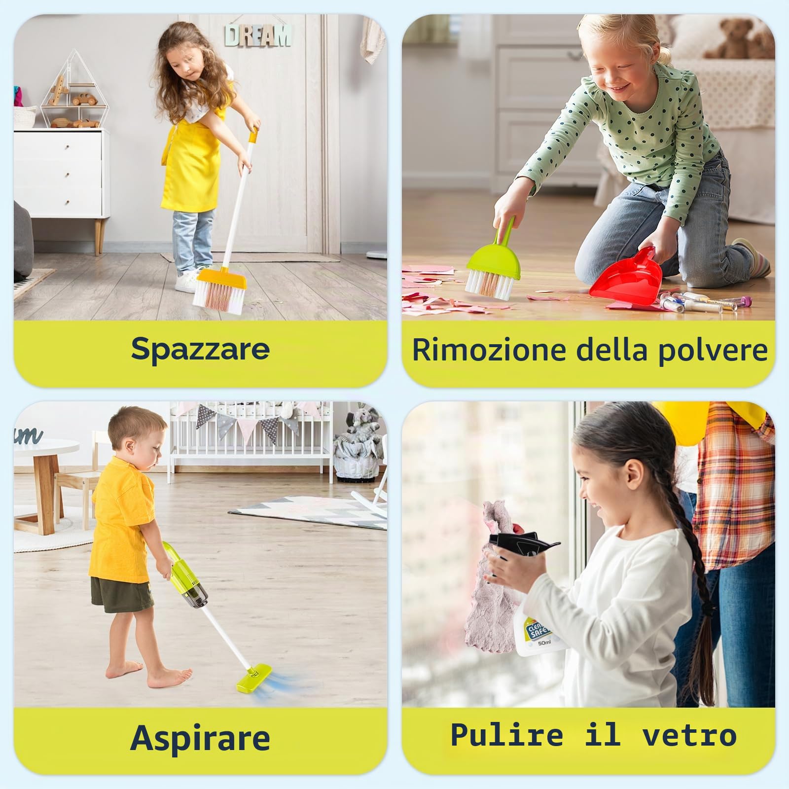 deAO Carrello Pulizie Giocattolo, Set Aspirapolvere per Bambini (Blu) | Secchio, Scopa, Aspirapolvere, Spazzole, Paletta, Spazzola a Mano, Aspirapolvere Funzionante, Gioco di Ruolo, Bordi Lisci