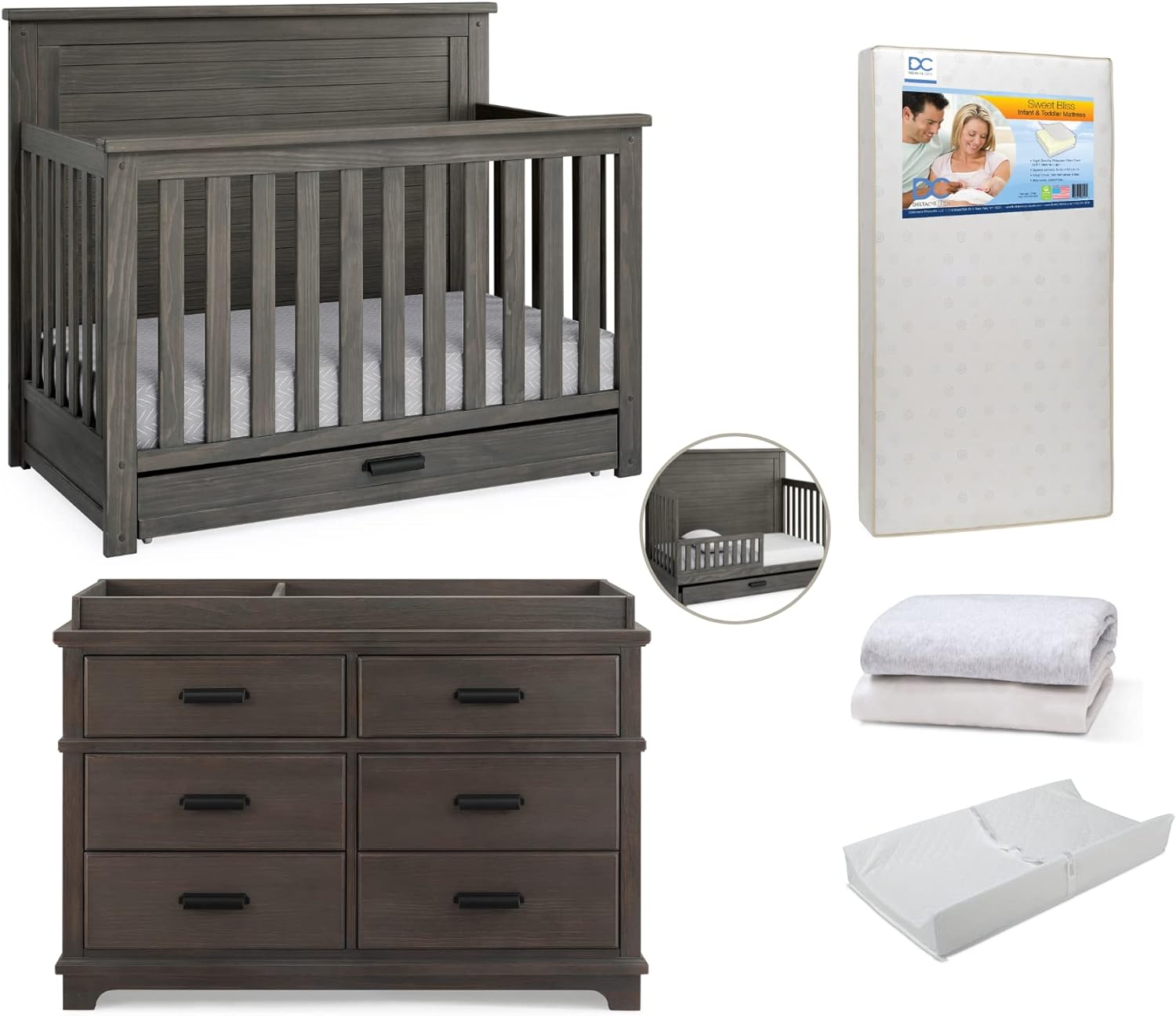 Delta Children Caden Crib 8-Piece Baby Nursery Furniture Set–Includes: Convertible Crib, Glider, Dresser, Changing Top, Crib Mattress, Sheets, Toddler Guardrail & Changing Pad, Rustic Grey : Baby