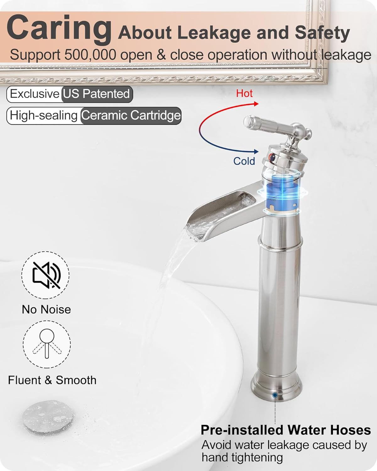 Vessel Sink Faucet Brushed Nickel, Brass Waterfall Bathroom Faucet Single Hole, 3-Modes Kitchen Faucets with Pull Down Sprayer, Spot Free Kitchen Sink Faucets with Supply Hoses