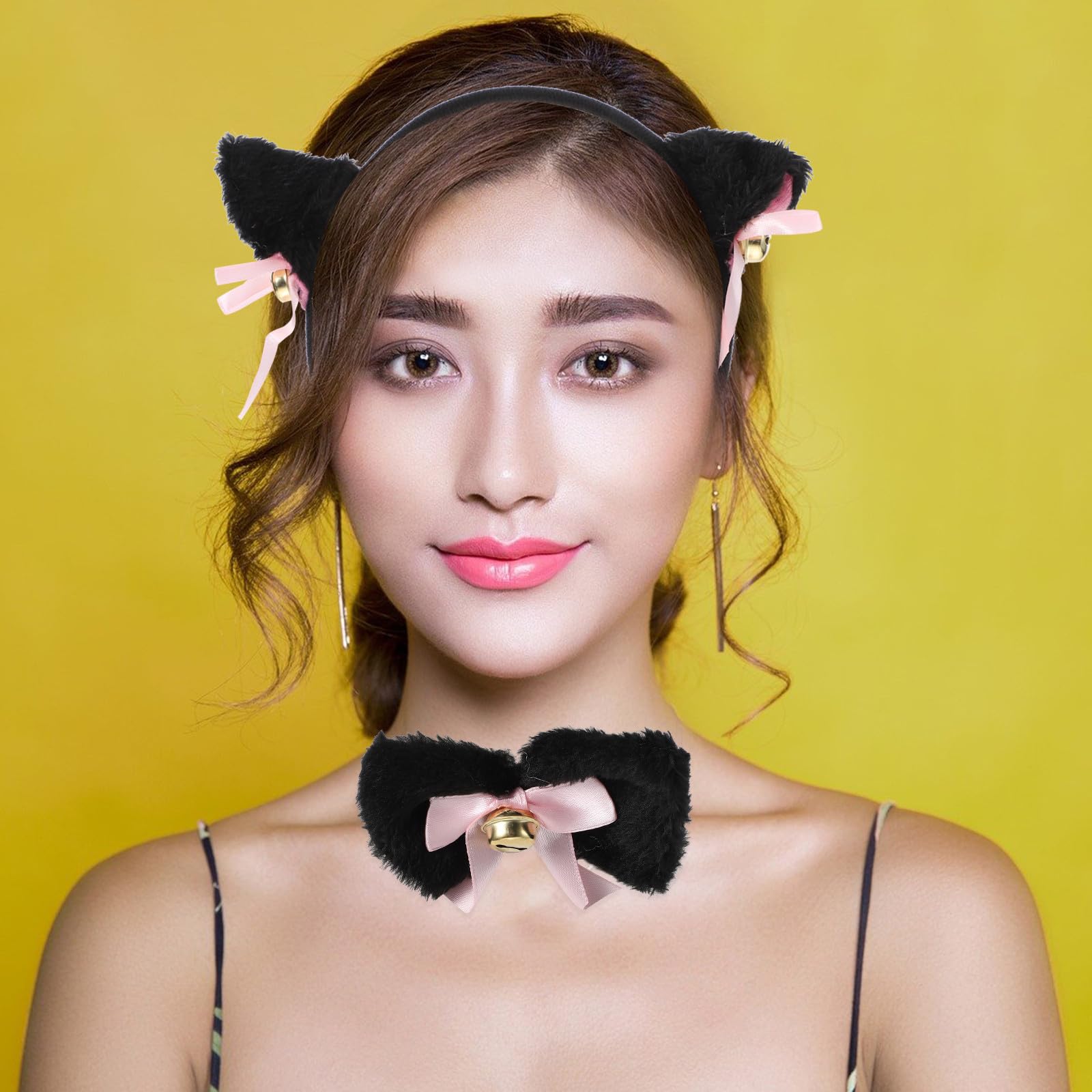 5piezas Cosplay de Gato Kawaii Suave con Diadema Negra Guantes de Garra Cola de Peluche y Lazo Accesorios para Disfraces y Fiestas de Halloween