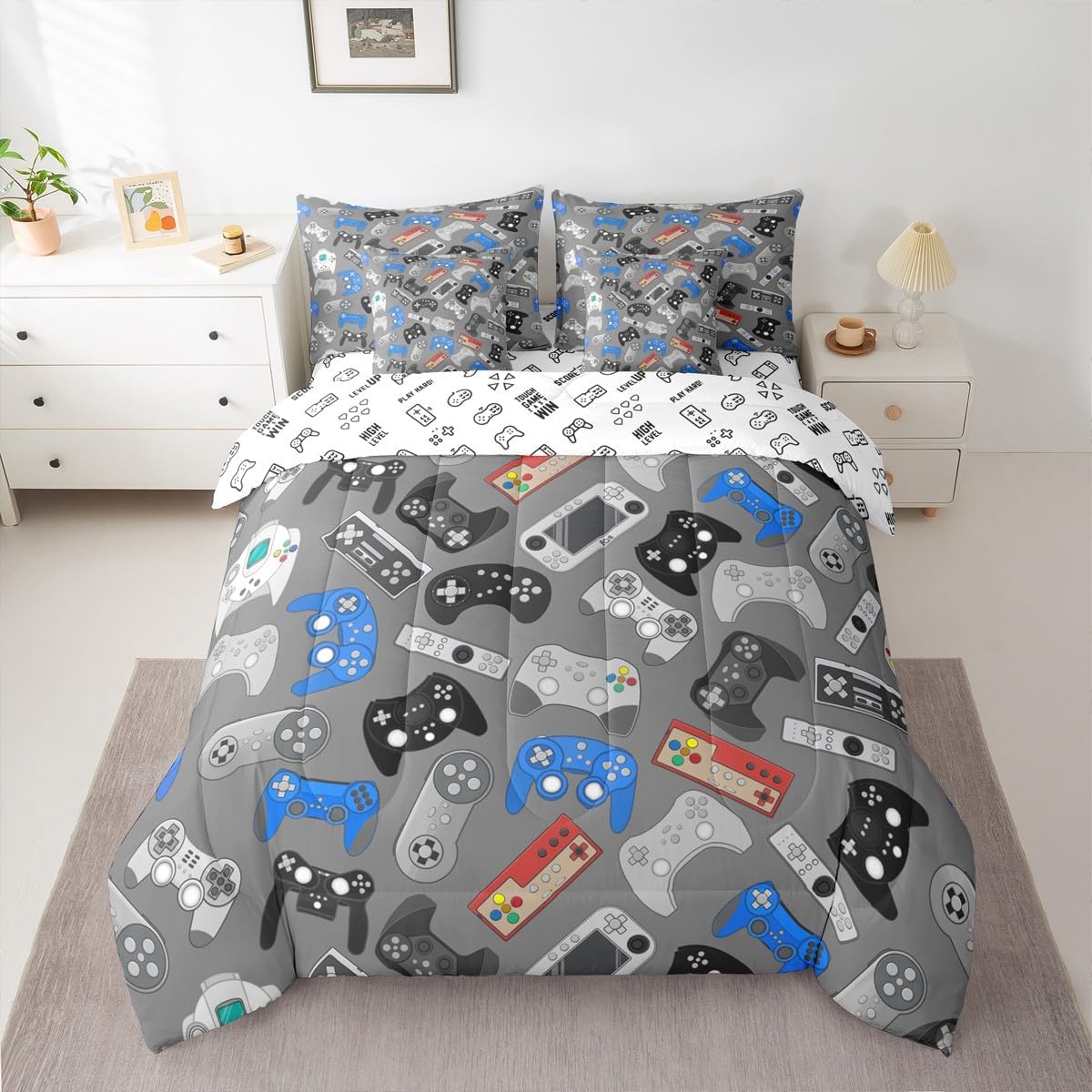 Erosebridal Teens Gamepad Queen Comforter Set with Sheets 7 piece Modern Gamer Bed in A Bag Video Game Bedding Sets for Kids Boys,Player Gaming Bed Set