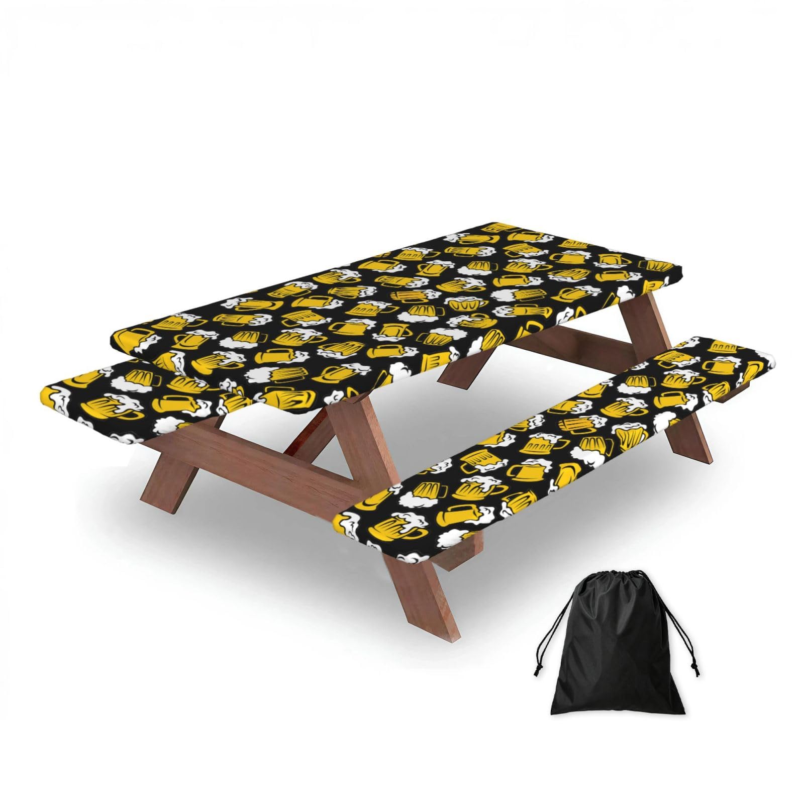 Retro Cartoon Beer, Picnic Table Cover With Bench Covers -Waterproof Elastic Fitted Tablecloth for Garden Camping Patio 76x152cm