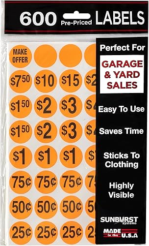 Sunburst Systems 7050, naranja, venta de garaje preimpresas precio pegatinas, 600 unidades, Ct