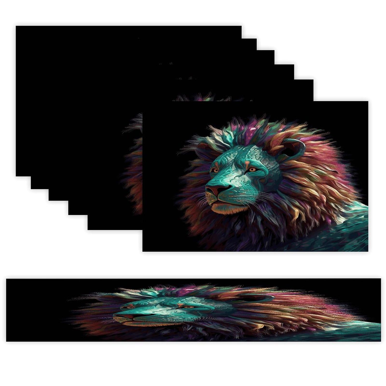 Abstract 3D Art Lion Table Runner and Placemats Set of 6 Wipe Clean Heat Resistant Table Mat with Table Runner Decorations Flax Linen Place Mat Set for Home Kitchen Party Supplies