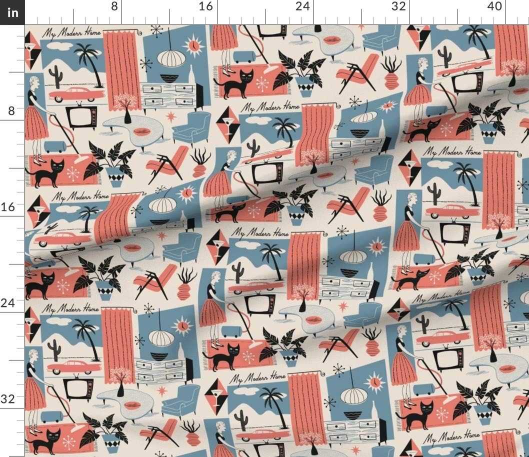 Spoonflower Fabric - Vintage Retro Modern Atomic 50S Fifties Home Cat House Interior Ranch Printed on Petal Signature Cotton Fabric by The Yard - Sewing Quilting Apparel Crafts Decor