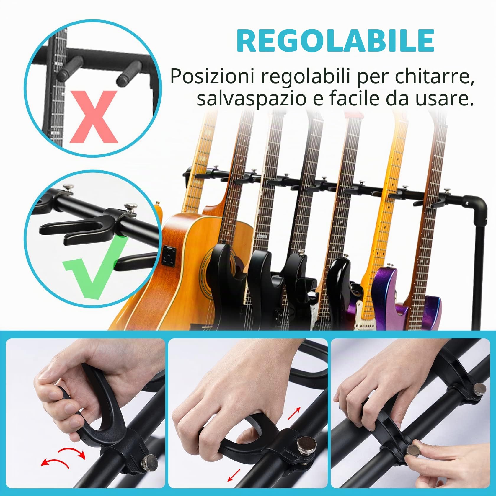 GUITTO - Supporto pieghevole universale per più chitarre, portatile, per basso e chitarra acustica, per banda e palcoscenico, 7 supporti GGS-11