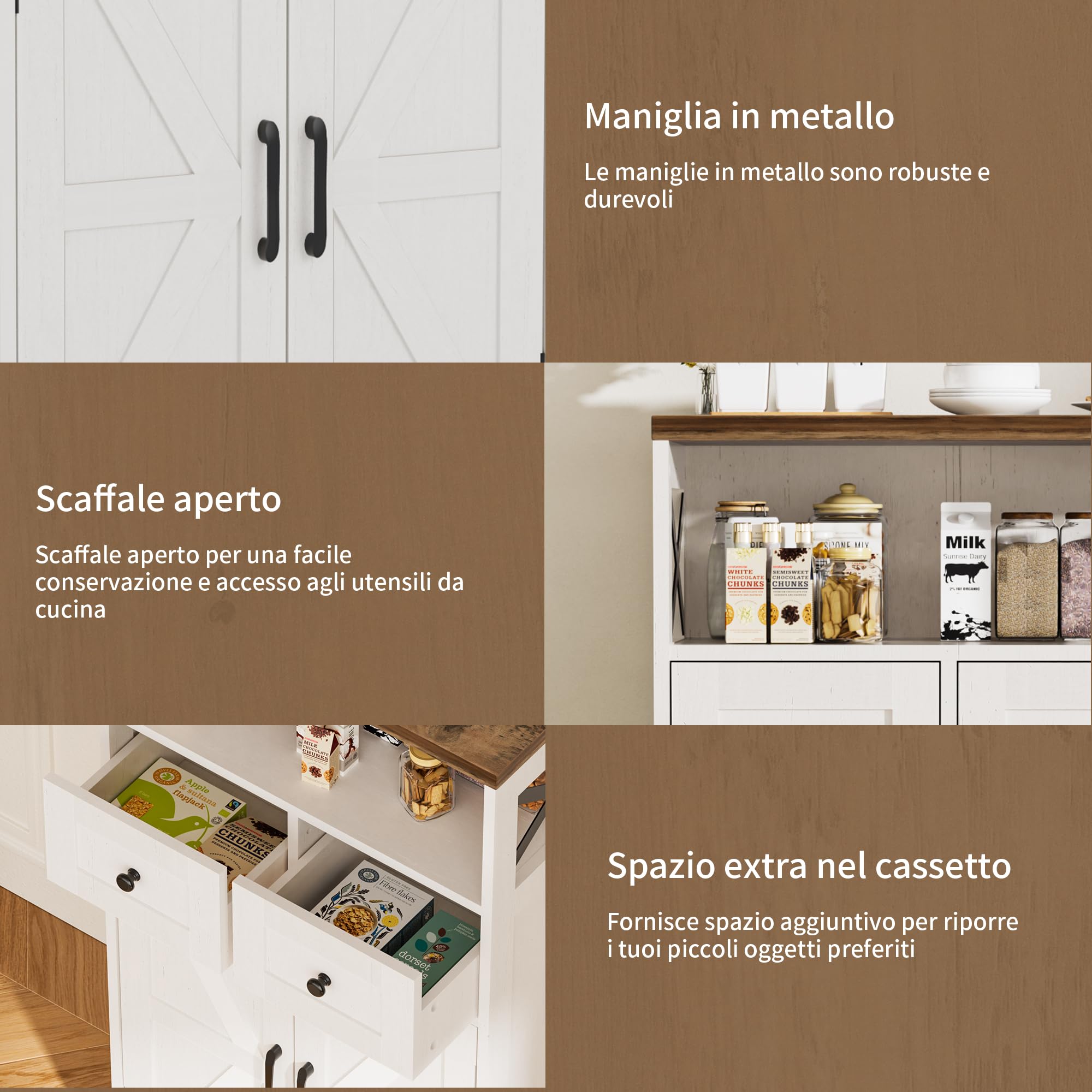 BonVache Mobile da Cucina, Buffet, Sideboard, con Porta e Mensola Regolabile, 2 Cassetti, per Cucina, Sala da Pranzo, Soggiorno, Bianco