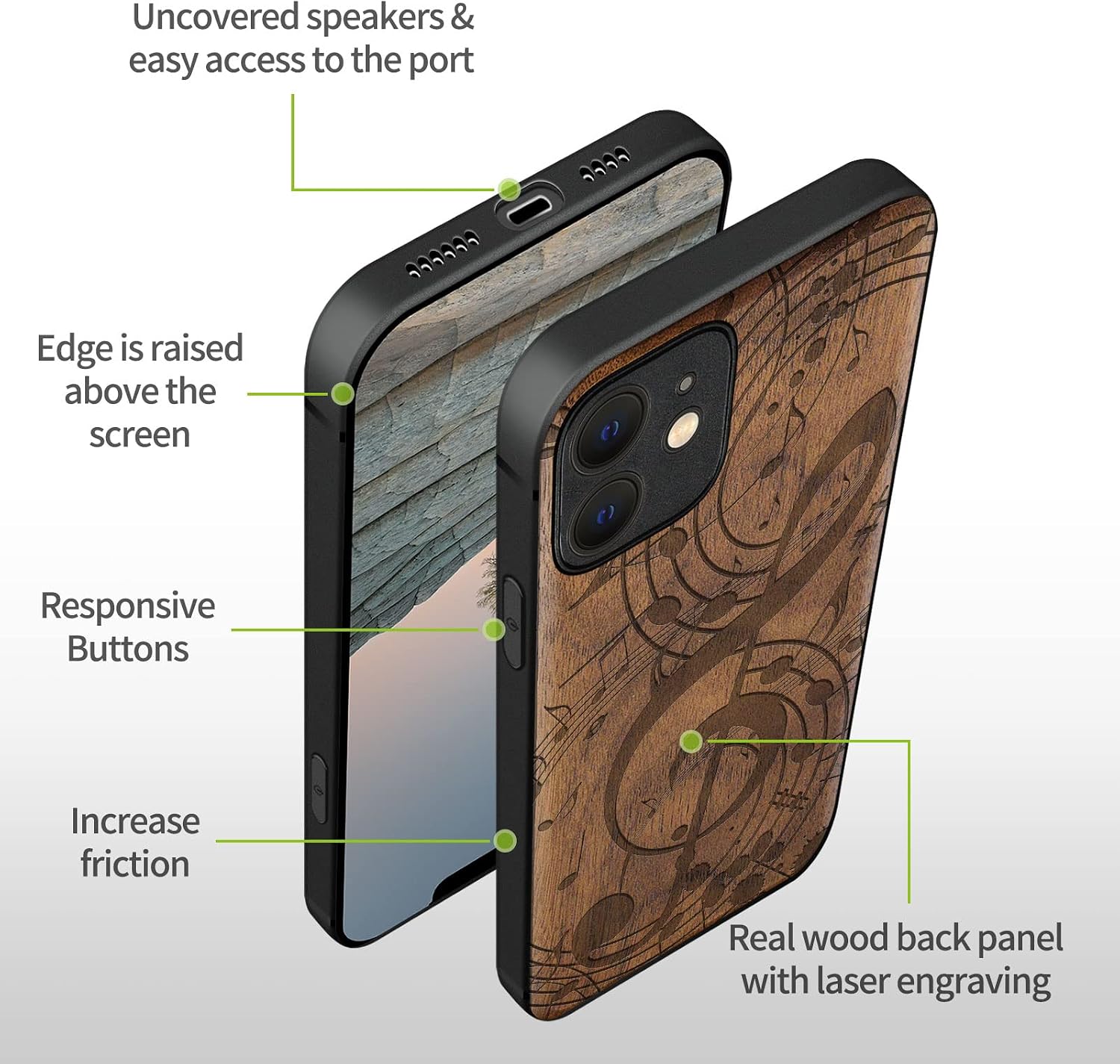 Carveit Magnetic Wood Case for iPhone 12 Case [Natural Wood & Black Soft TPU] Shockproof Protective Unique & Classy Wooden Cover Compatible with MagSafe (Musical Note -Walnut)