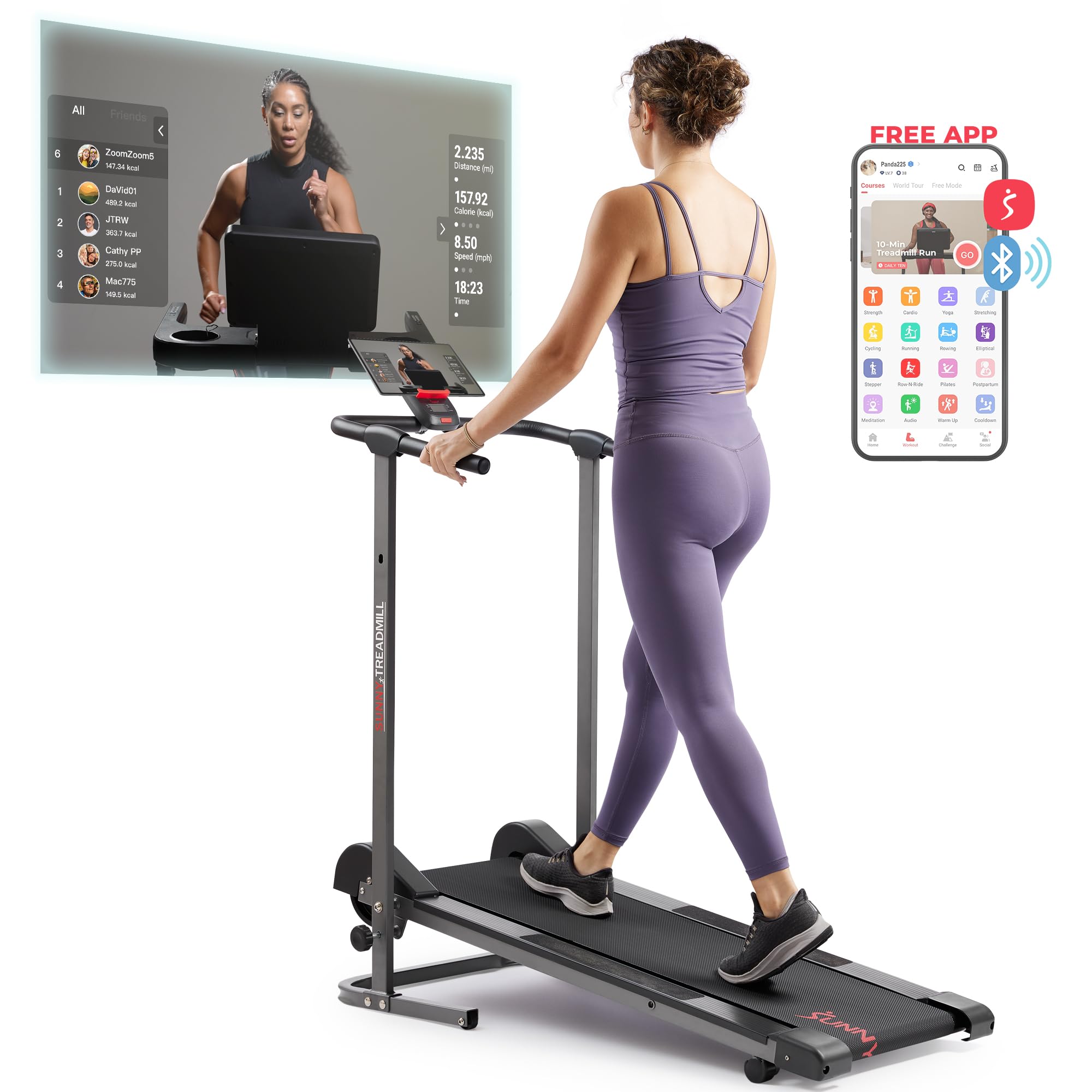 Sunny Health & Fitness Compact & Foldable Treadmill, Non-Slip Surface, Optional Dual Mode Walking/Running, Non-Electric Fixed Incline, Digital Monitor, Smart Bluetooth Connection with SunnyFit AppSunny Health & Fitness Compact & Foldable Trea…