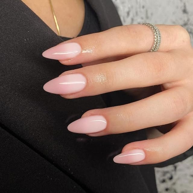 JUSTOTRY 24 Pcs Gradient Pink Almond Short False Nails Pattern,Dark Peach French Press on Nails,Pretty Nude Fake Nails Short with Nail Glue,Stiletto Medium Stick on Nails for Women