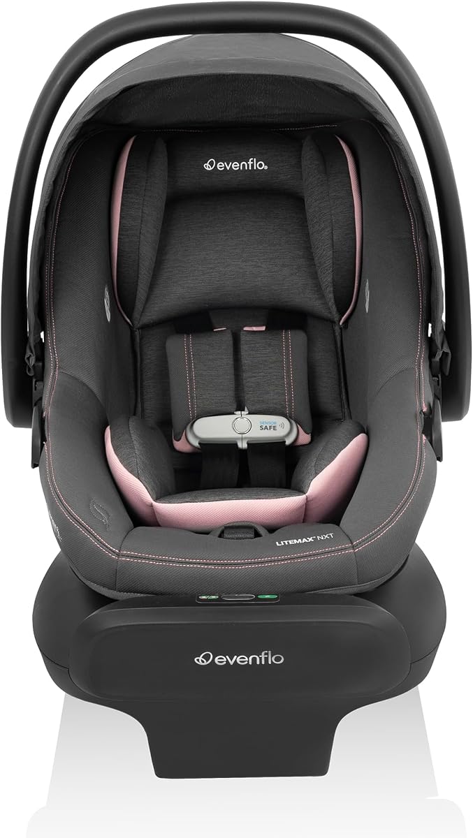 Asiento de seguridad para bebés y bebés prematuros Evenflo LiteMax NXT | con tecnología SensorSafe, ligero orientado hacia atrás, 3-30 libras, desde nacimiento hasta 2 años, fácil instalación (rosa prímula)
