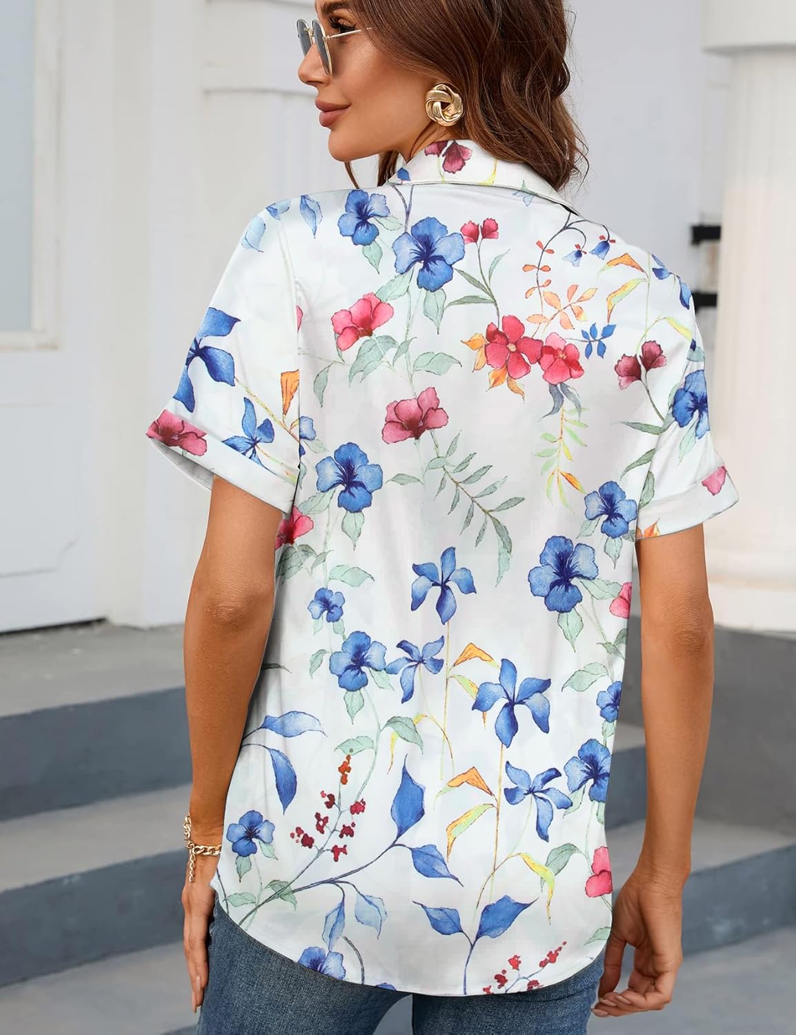 ASTANFY Women Button Down Shirt Hawaiian Floral Shirts Summer Vacation Blouses Casual Work Tops - Image 4