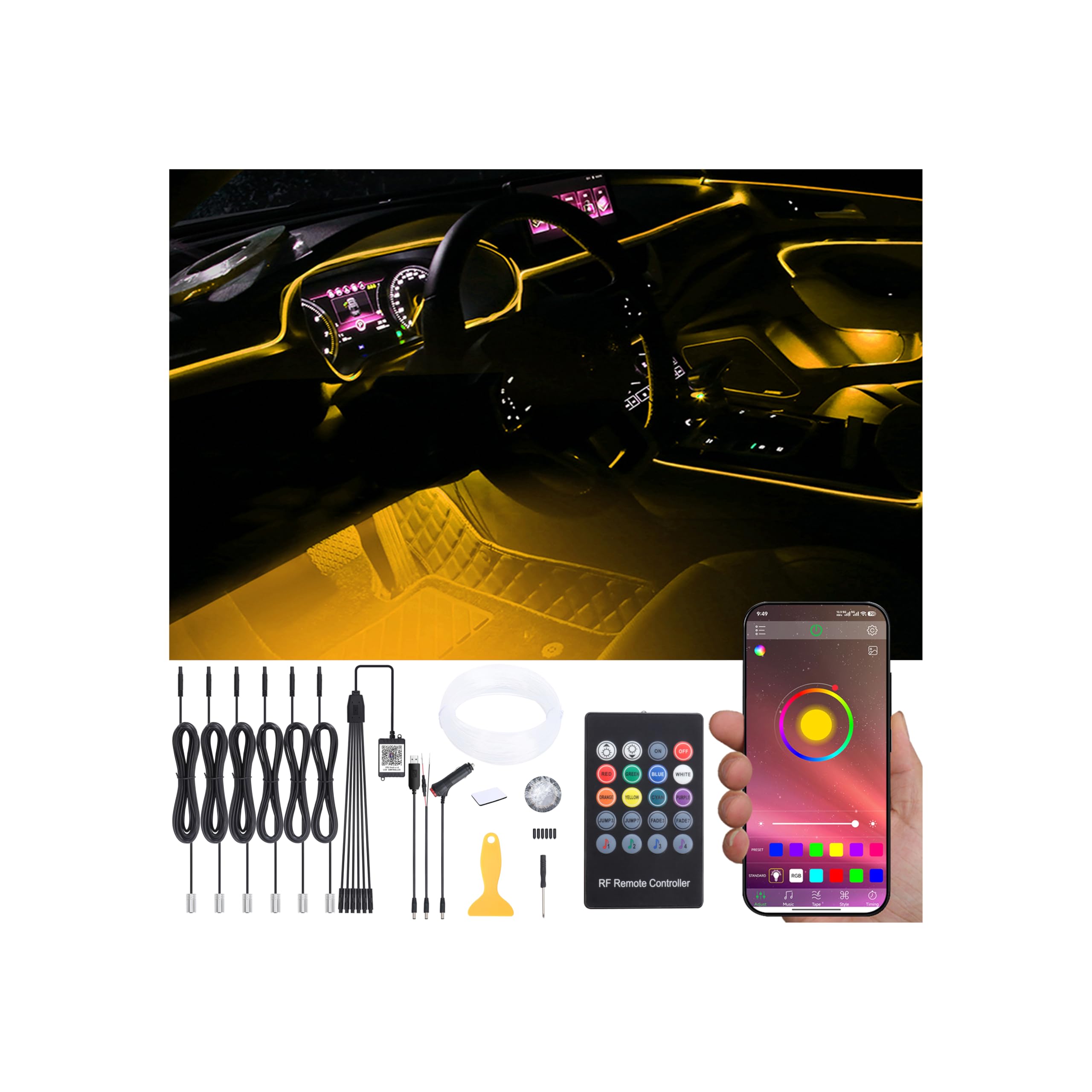 8 metri di fibra ottica Auto illuminazione ambientale con Bluetooth App Control + RF telecomando 64 colori musica multicolore Kit di illuminazione interna DC 12V 1W