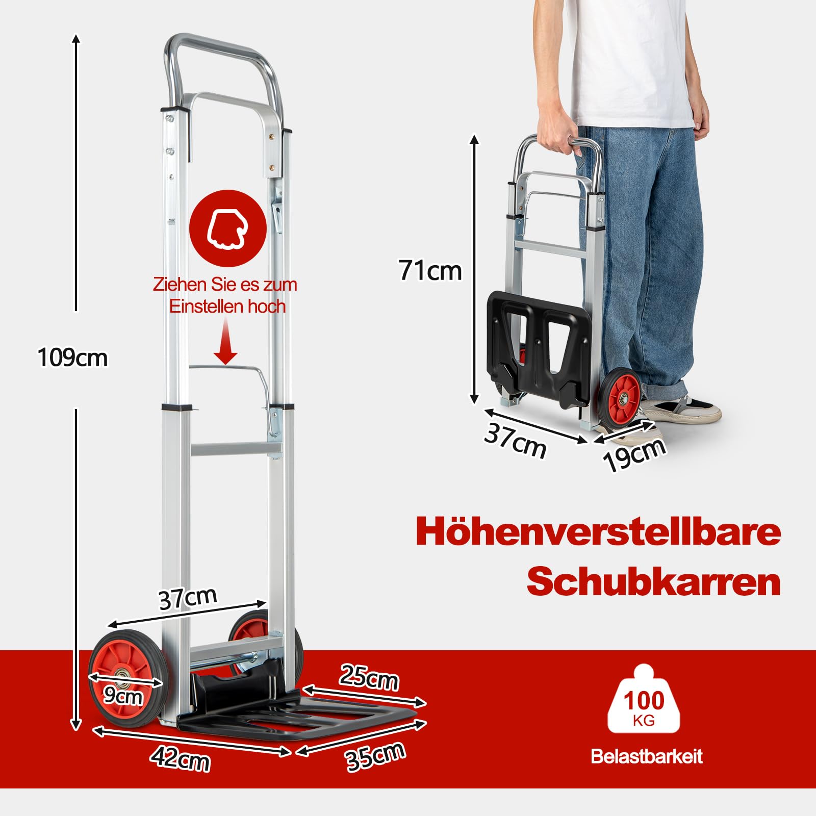 COSTWAY Wózek transportowy składany, wózek transportowy z uchwytem teleskopowym i składaną powierzchnią ładunkową, obciążenie do 100 kg, aluminiowy wózek ręczny, do domu, ogrodu, magazynu