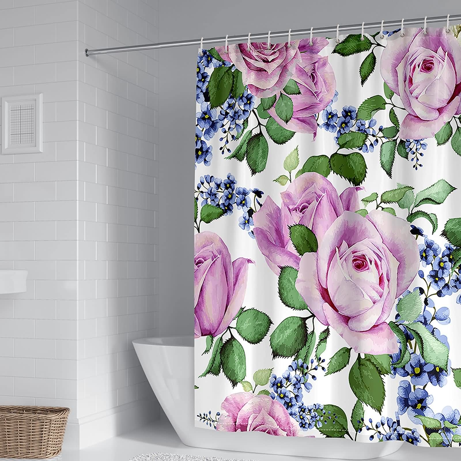 Rideau de douche rose vert bleu en polyester lavable avec crochets fournis