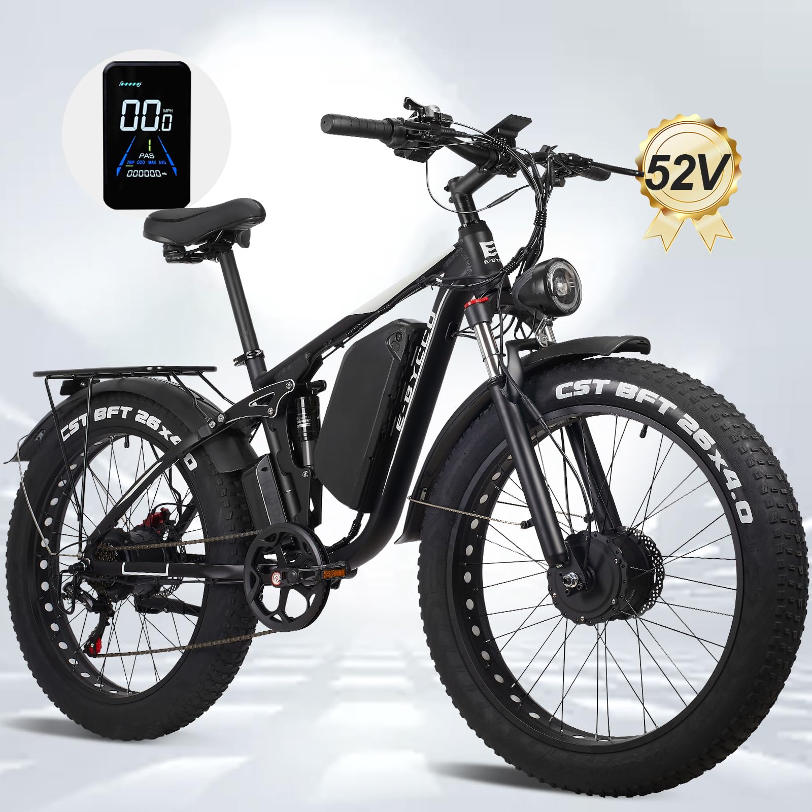 4000W Peak 5000W Dual Motor Electric Bike for Adults, 24/26 Inch, 52V 32AH, Up to 90Mile & 45MPH E-Bike Fat Tire Full Suspension Electric Bicycles, 7 Speed AWD Mountain Ebikes, Hydraulic Disc Brake