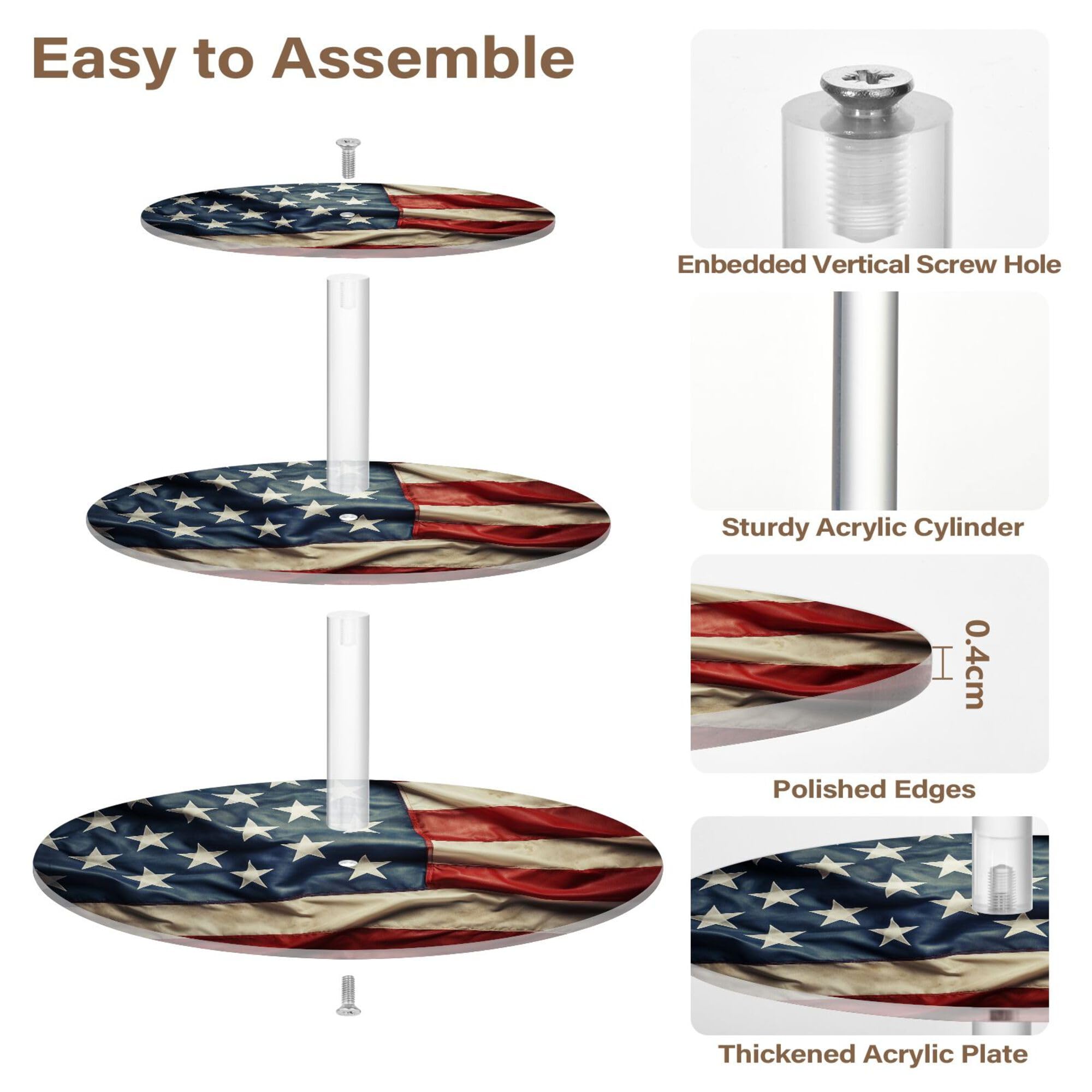 PYBUG American Flag 3 Tier Acrylic Cupcake Stands Tower,Dessert Table Display Set for Tea Party,Wedding,Birthday, Baby Shower