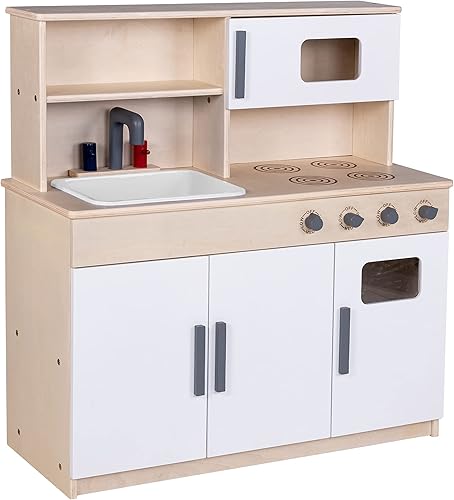 Children's Factory - Cocina de madera para niños pequeños, cocina combinada que incluye fregadero, estufa y microondas con diseño realista, muebles