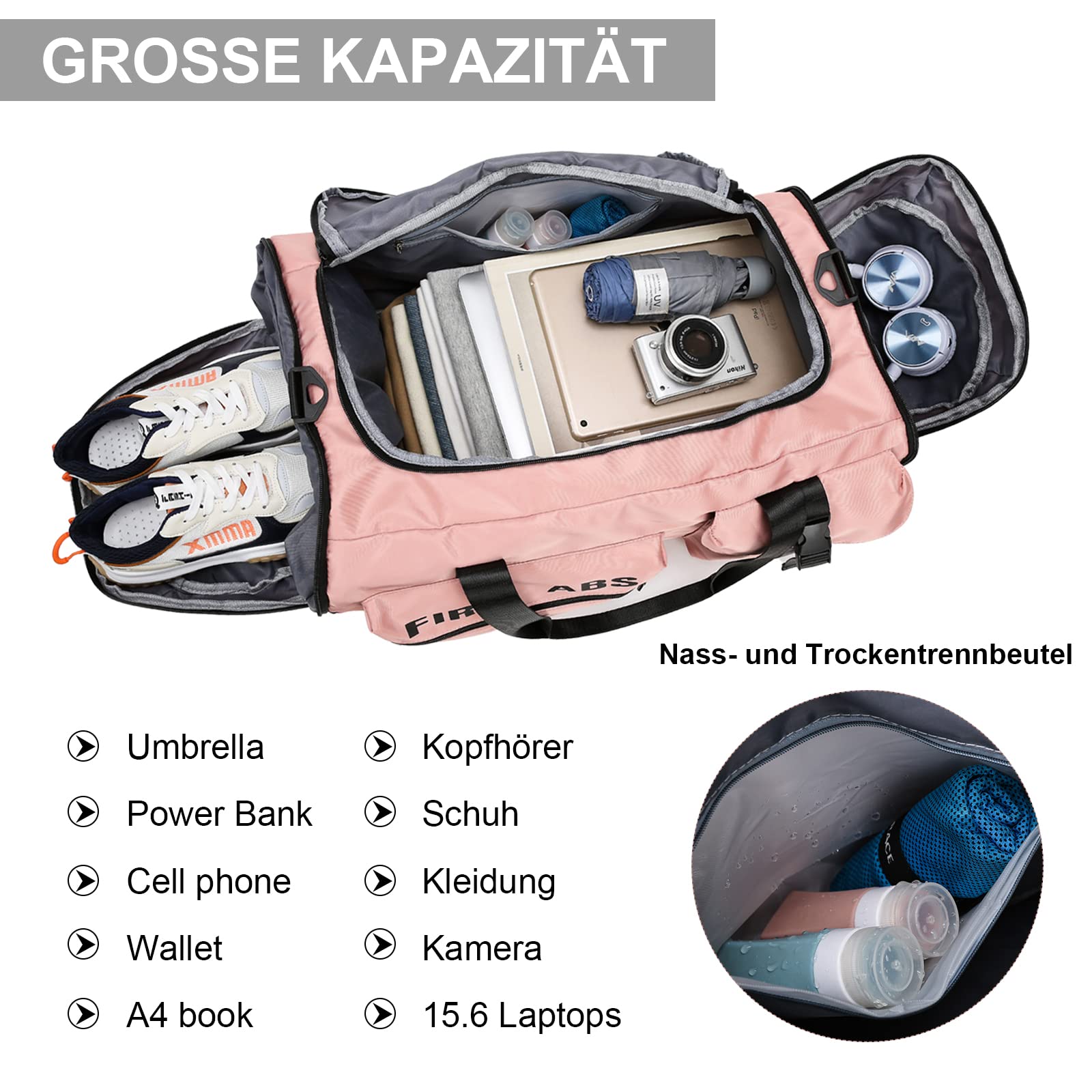 Suweir Torba podróżna, duża, dla kobiet i mężczyzn, 65 l, torba sportowa z kieszenią na buty i kieszenią na mokre suszenie, duża pojemność, torba podróżna, torba do pływania, na podróż, do uprawiania