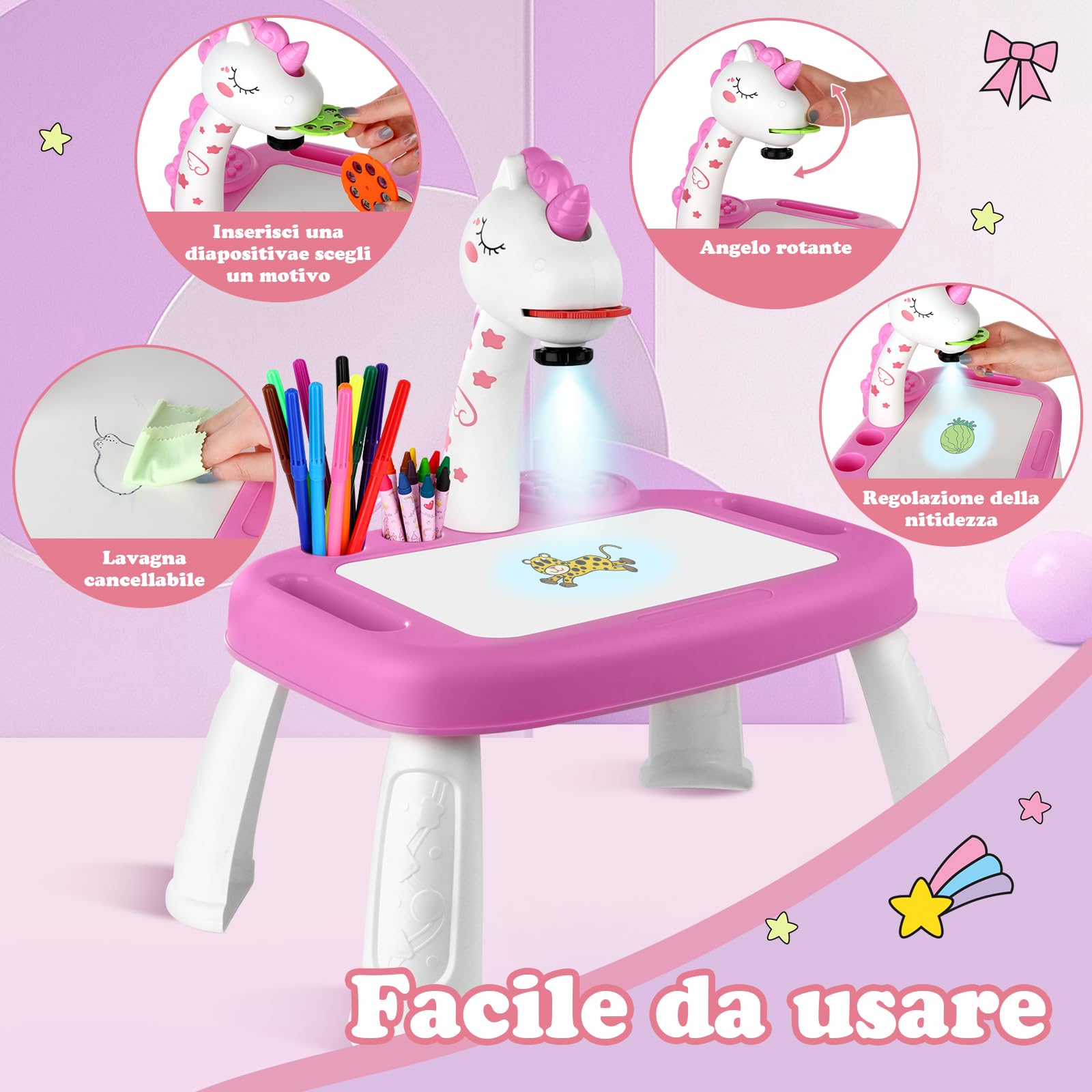 Giochi Bambina Proiettore da Disegno per Bambini con 72 Motivi Proiettore per Bambini con Set da Pittura Adesivi Unicorno Tavolo da Pittura per Bambini Giocattoli Unicorno Regalo Bambine 3 4 5 6 anni