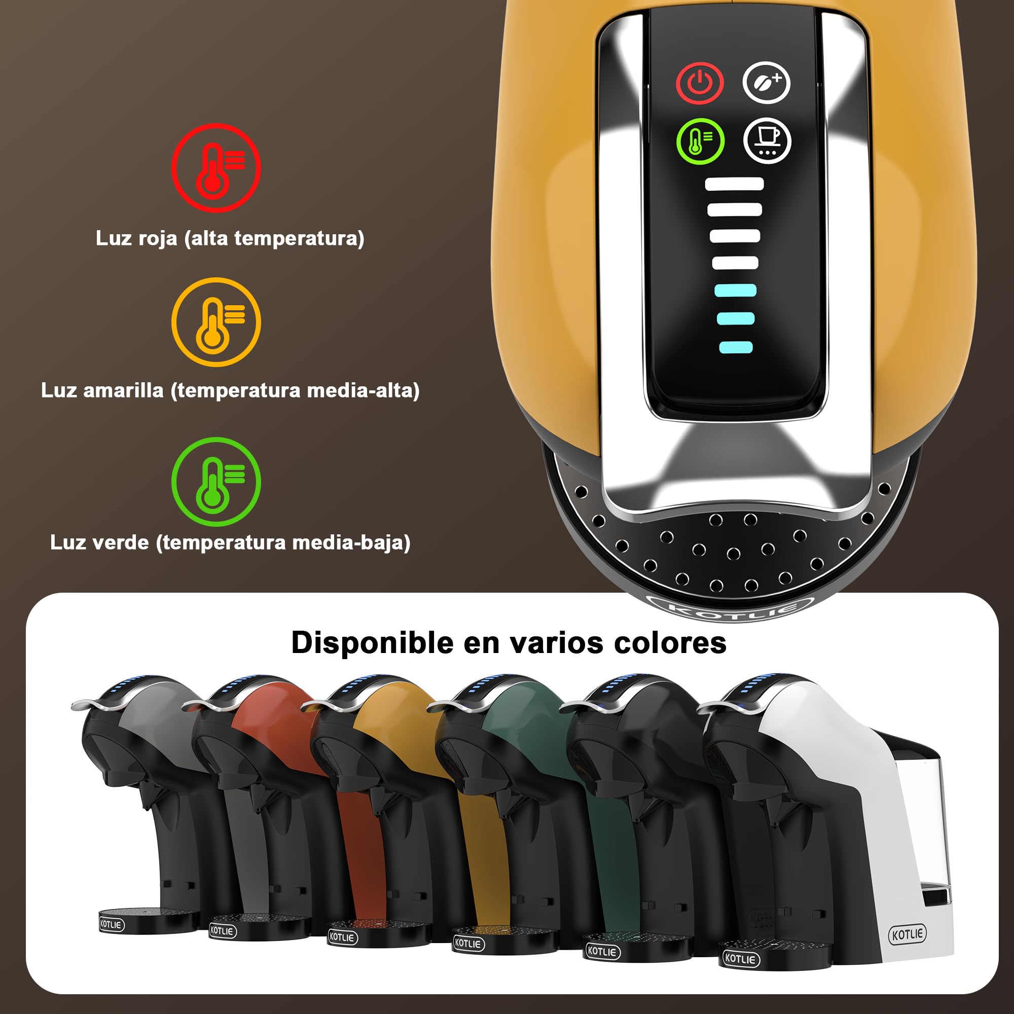 Upgrade Máquina de Cápsulas Café Espresso 5 en 1 19 Bar para Nespresso/Dolce Gusto/LAVAZZA MIO/LOR y Café Molido/ESE, Cafeteras Automáticas Pequeñas con Cápsulas, EM-308B (Amarillo)