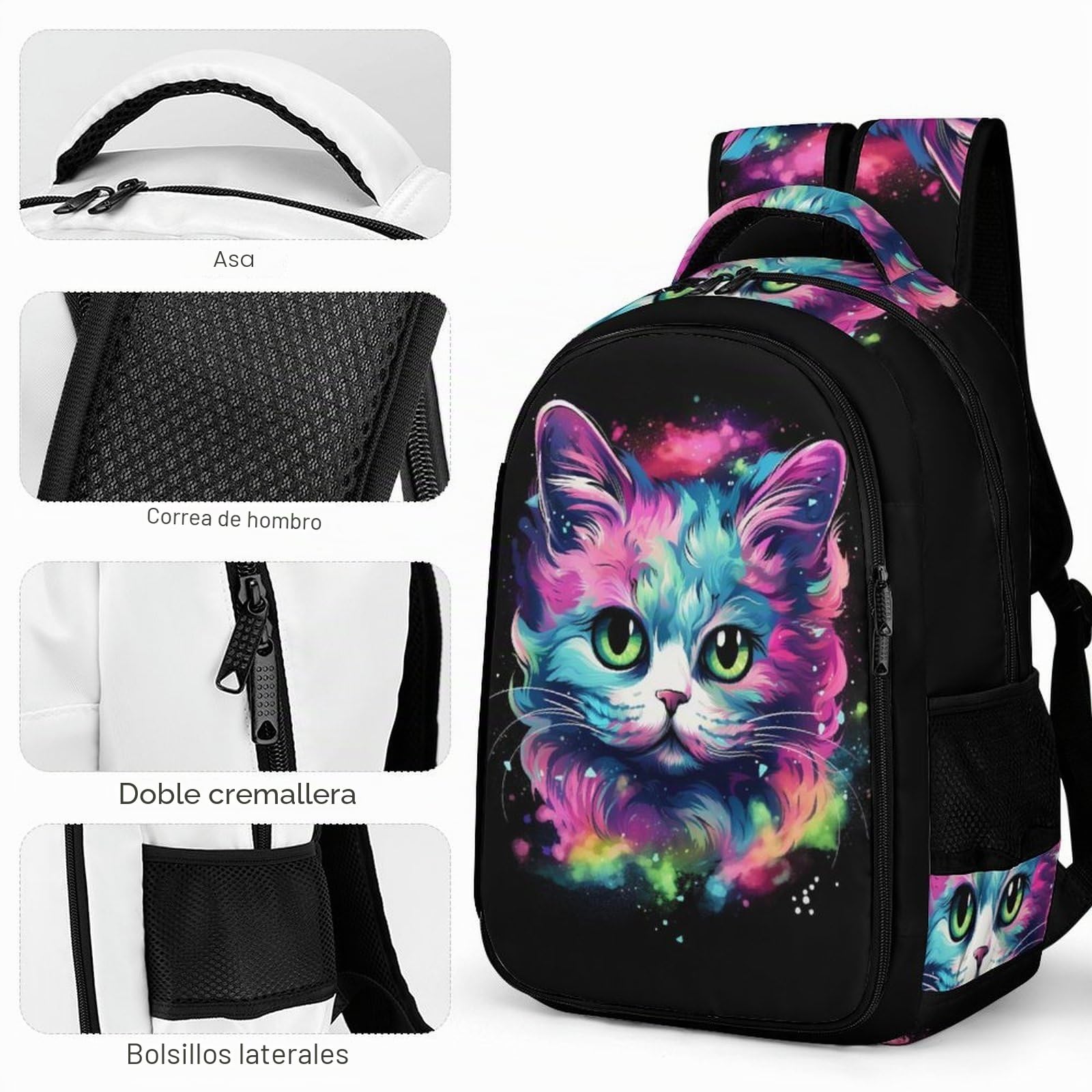 Gato Colorido Mochila Para El Colegio Estudiantes Infantil Mochila Escolar Personalizada Para Estudiantes De Secundaria, Impermeable Y Resistente Al Desgaste.