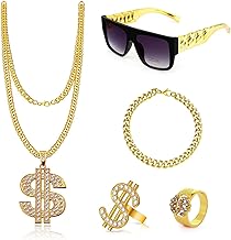 Herbst 80s Accessories 5 Pieces Dollar Chain Gold Set, Hip Hop Costume Gold Chain Costume Rings Sunglasses Bracelet Gold Chain Set for Carnival Costume Cosplay Punk Costume, gold