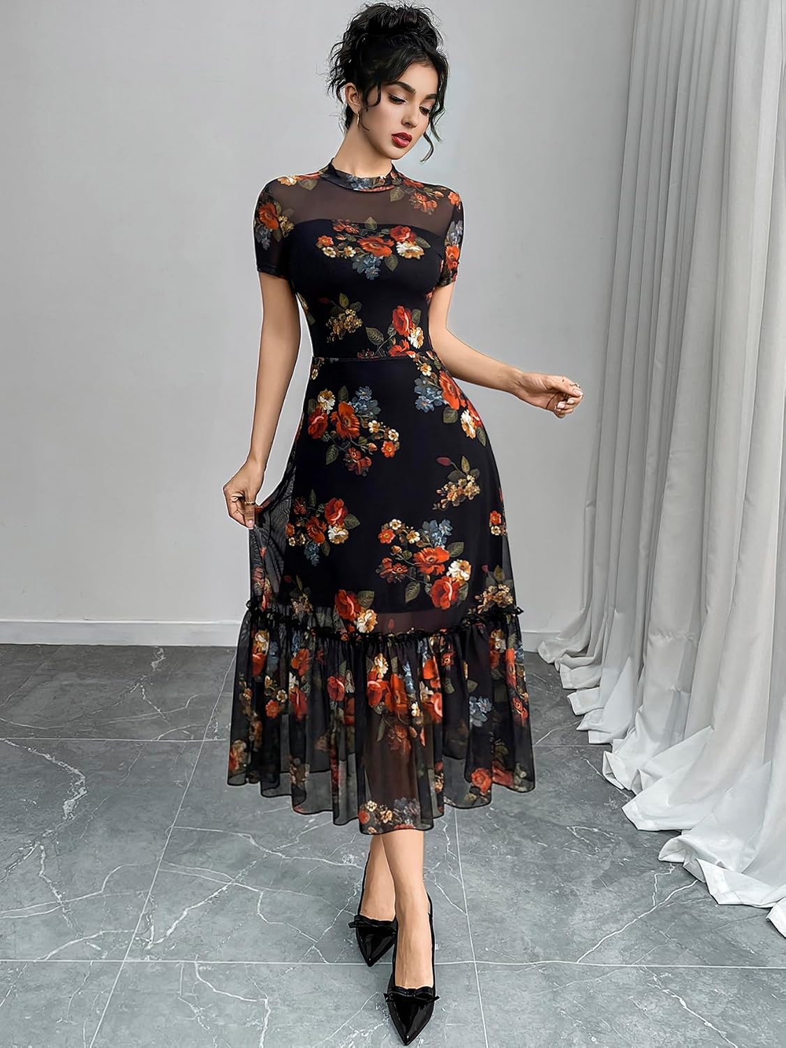  Women's Summer Floral Mesh Ruffle Casual Maxi Wedding Guest Dress thumbnail