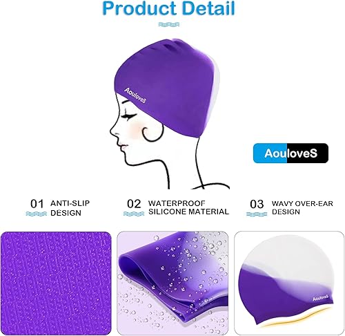 Miniatura 2 de Paquete de 2 gorros de natación para niños y niñas, unisex, de silicona, para niños de 4 a 12 años, ajuste cómodo para cabello largo y cabello corto
