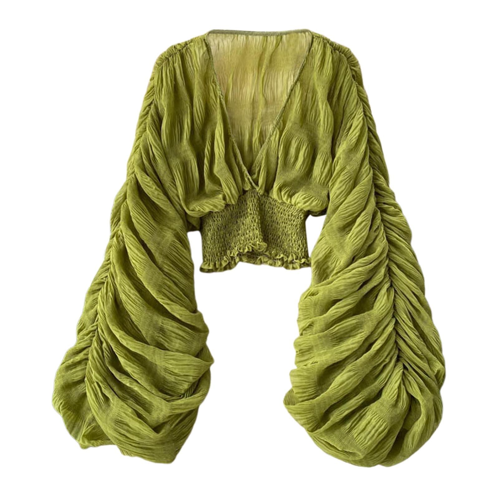 Top da donna in pizzo, a sbuffo, a maniche lunghe, con scollo a V, casual, sexy, con volant, a maniche lunghe, estivo, in pizzo, svasato, con bottoni, alla moda, arioso top in chiffon