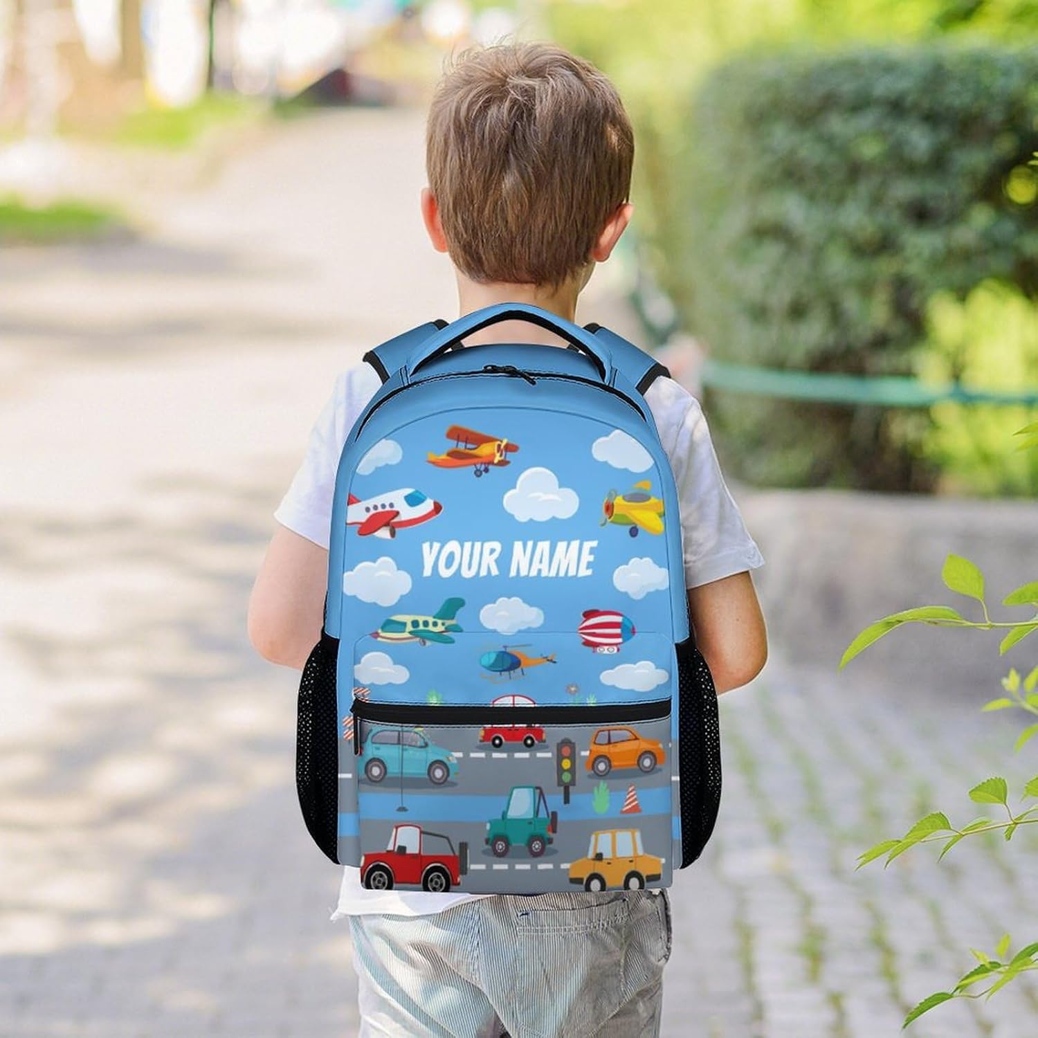 Custom Boys Backpack for School, Airplane Backpacks for Kids, Personalized Large Capacity Daypack for Preschool,Travel, Cartoon Blue Lightweight Bookbag