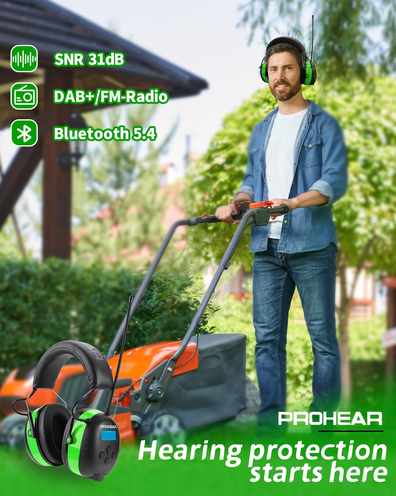 PROHEAR 033A (mejorado) Protección auditiva con radio DAB +/Bluetooth/FM, auriculares con radio con micrófono integrado y reducción de ruido, SNR 31dB con para cortar y taller, tala - verde