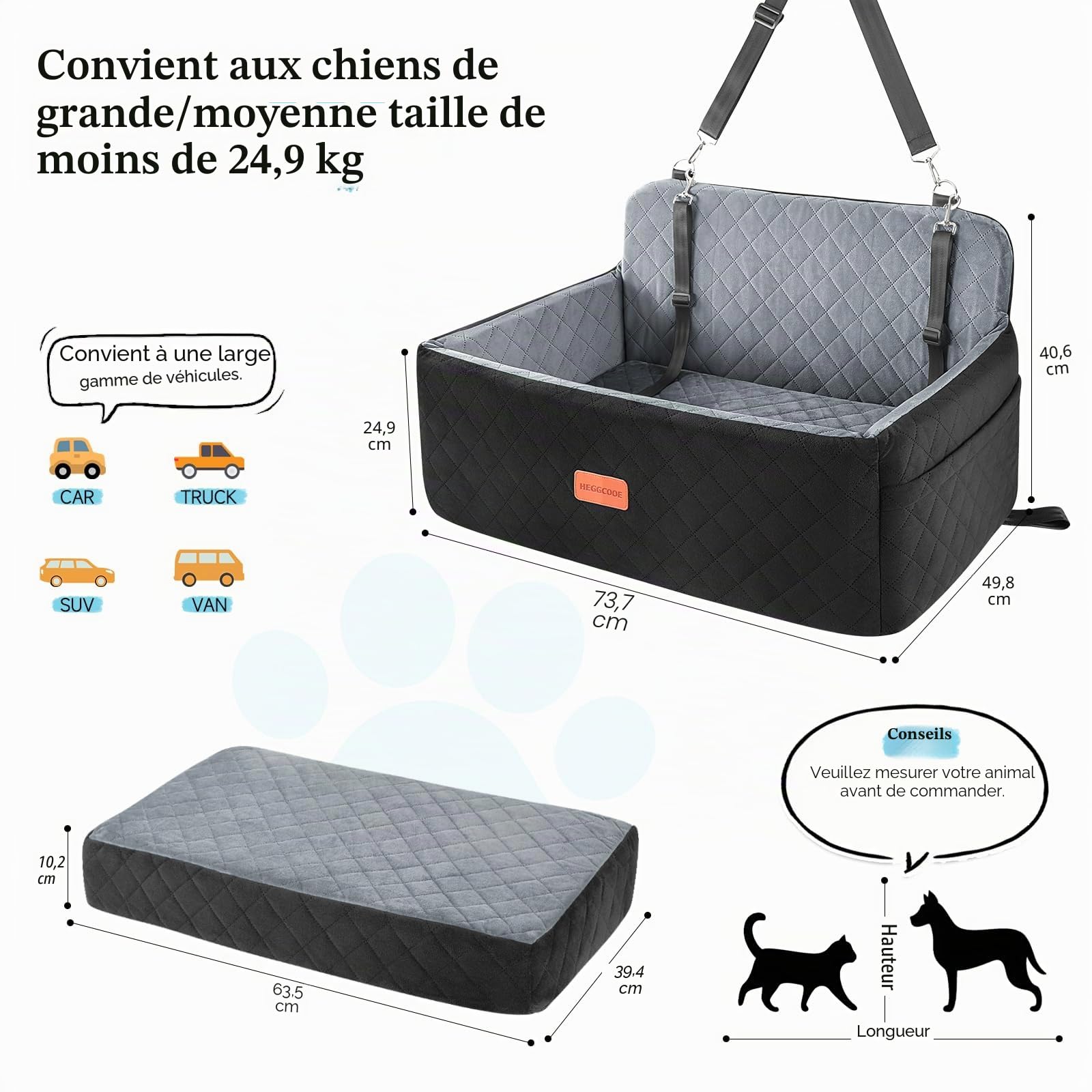 HEGGCOOE Siège auto pour chiens moyens/grands - Rehausseur pour animaux <25 kg ou 2 petits chiens, lit de voiture amovible et lavable pour siège arrière