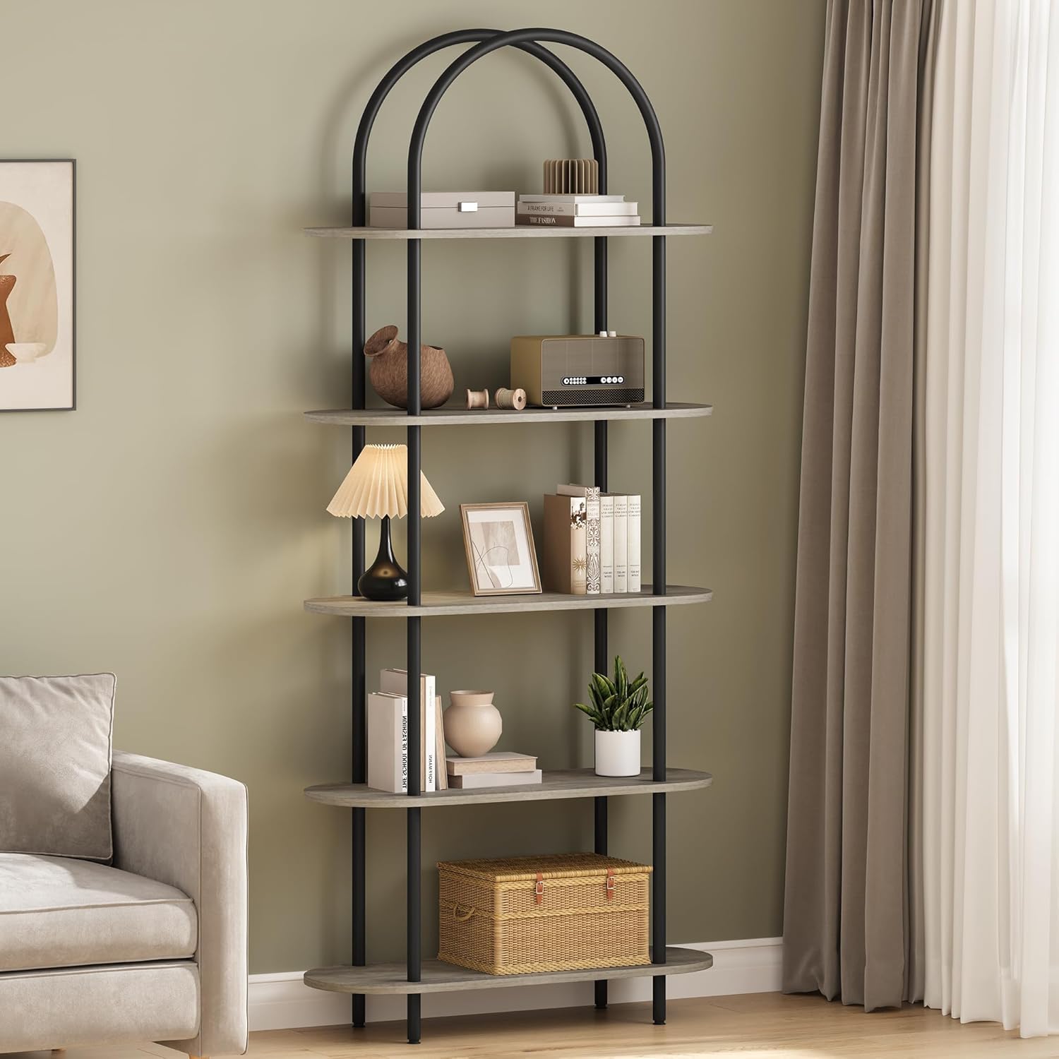 Libreria a 5 ripiani, alta ad arco, 80 x 30 x 180 cm, con struttura in metallo, moderna espositore con piedini regolabili, scaffale aperto autoportante per camera da letto, soggiorno, nero+grigio