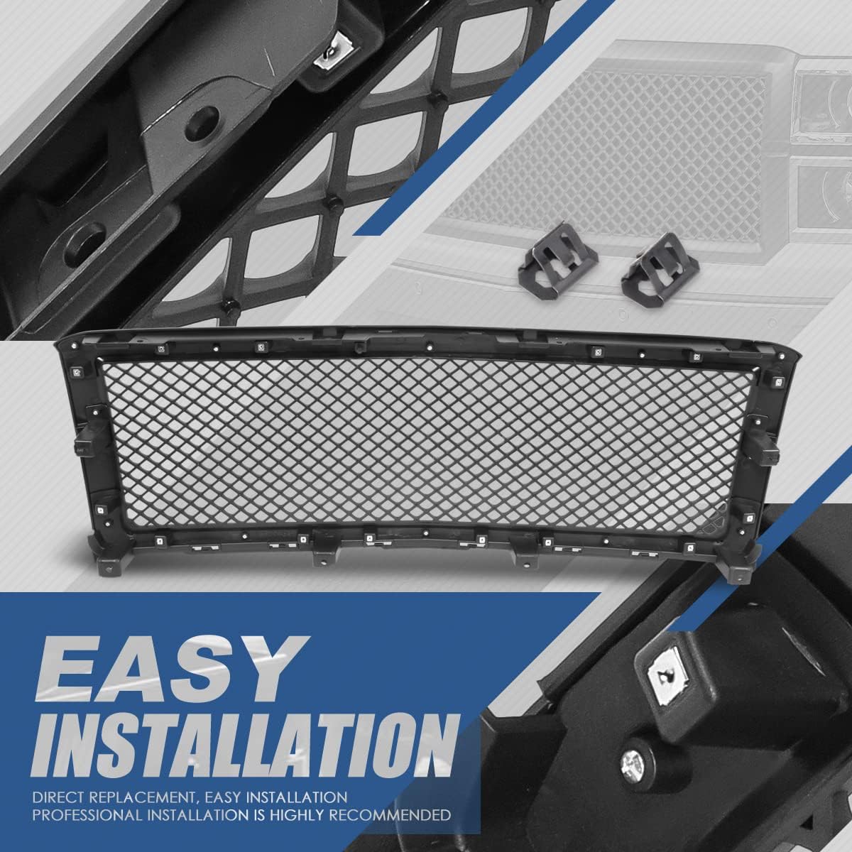 Auto Dynasty Badgeless Diamond Mesh Style Front Bumper Hood Grille Compatible with Chevrolet Silverado 1500 2014-2015, Matte Black