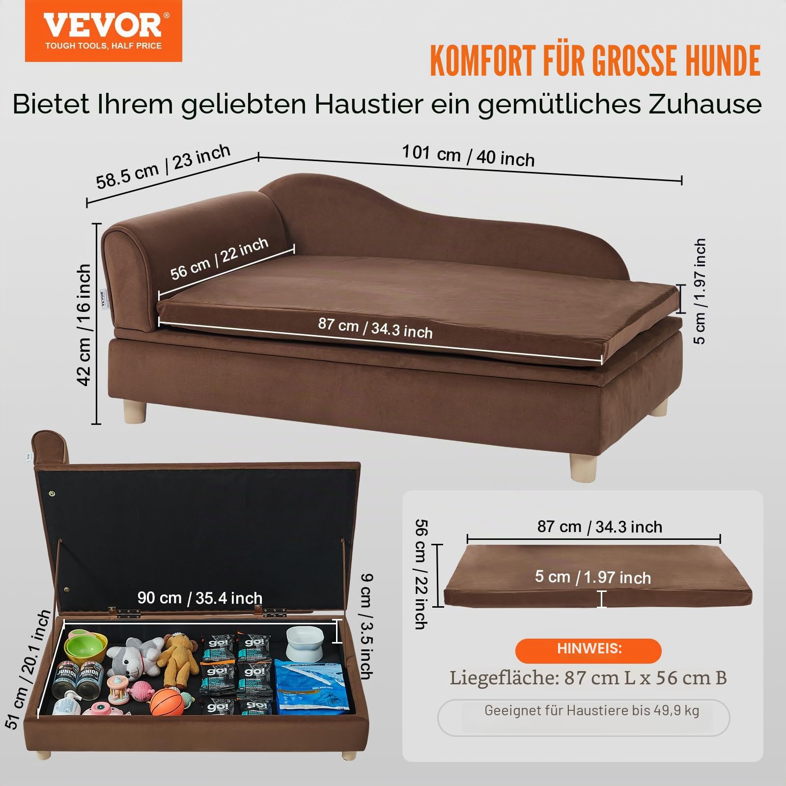 VEVOR Haustiersofa, Hundecouch für große Hunde und Katzen, weiches, samtiges Hundesofabett, 50 kg belastbares Katzensofa, Hundebett Haustierbett Dunkelbraun
