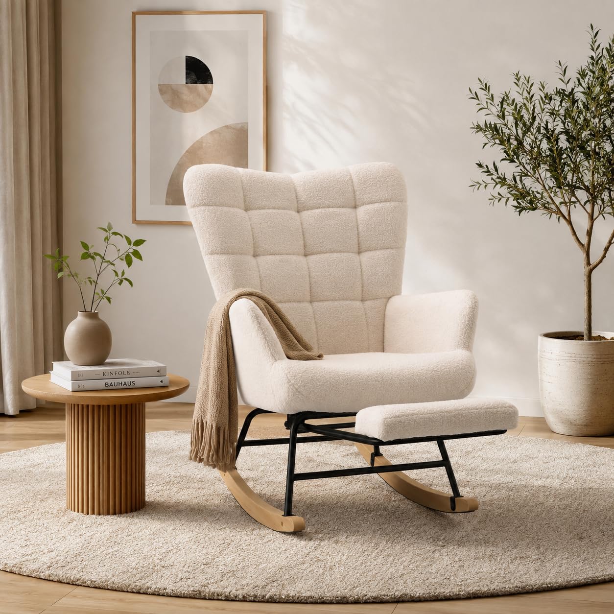 Schaukelstuhl mit Fußstütze, Sherpa Sessel, Beige, Gepolstert
