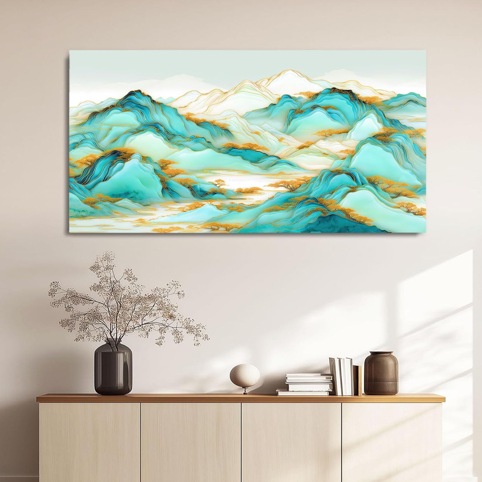 Leinwandbild 100 x 70 cm Leinwandbilder mit Abstrakt, Bild auf Leinwand - Kunstdruck auf Canvas, Bilder Wanddeko für Wohnzimmer, Schlafzimmer, Esszimmer, Tuschmalerei Landschaft Grün