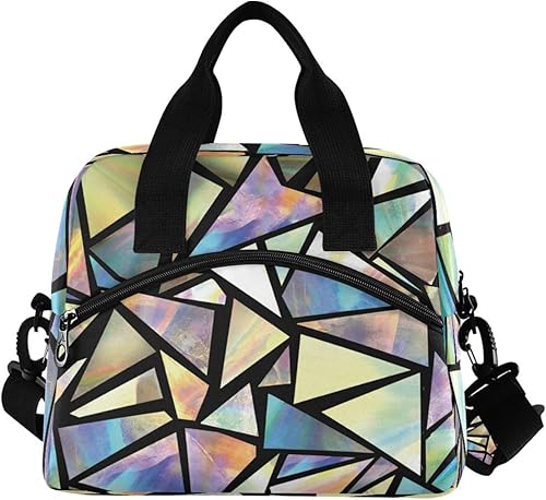 Miniatura 2 de Bolsa de almuerzo aislada con estampado abstracto de triángulos iridiscentes con correa de hombro desmontable y asa de transporte, bolsa de mano