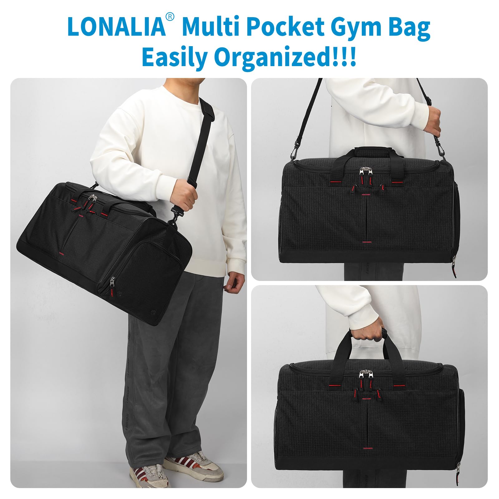 55 l torba sportowa i torba podróżna dla mężczyzn, duża, czarny, Sporttasche 21 Zoll, LONALIA 55 l torba sportowa torba podróżna z kieszenią na buty