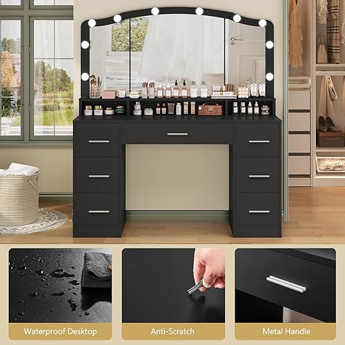 Miniatura 6 de usikey Escritorio grande de tocador de 47.2 pulgadas con espejo grande iluminado, 14 luces, mesa de tocador de maquillaje con 5 cajones grandes y