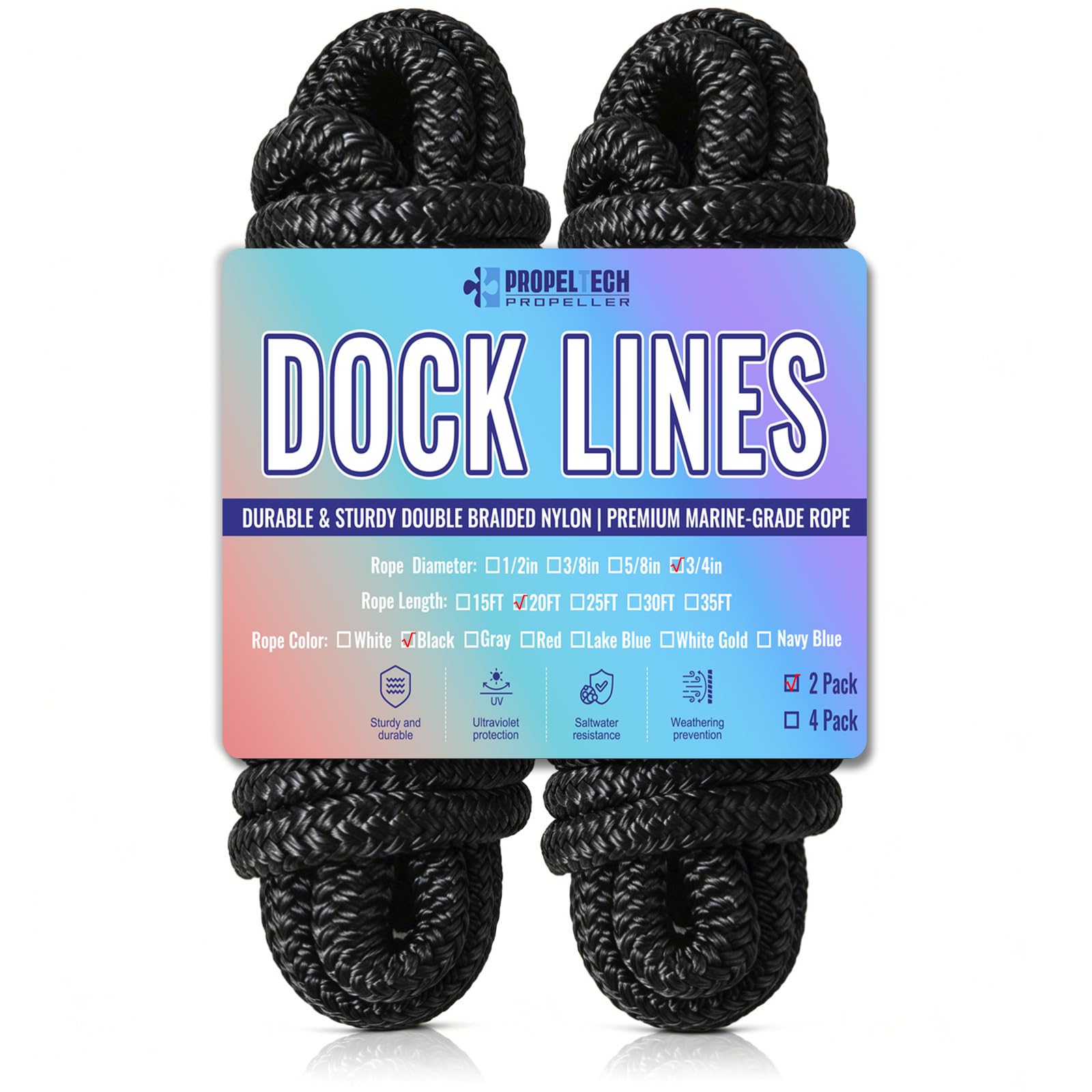 PropelTech 2 Pack 3/4 inch x 20 foot Dock Lines in Black
