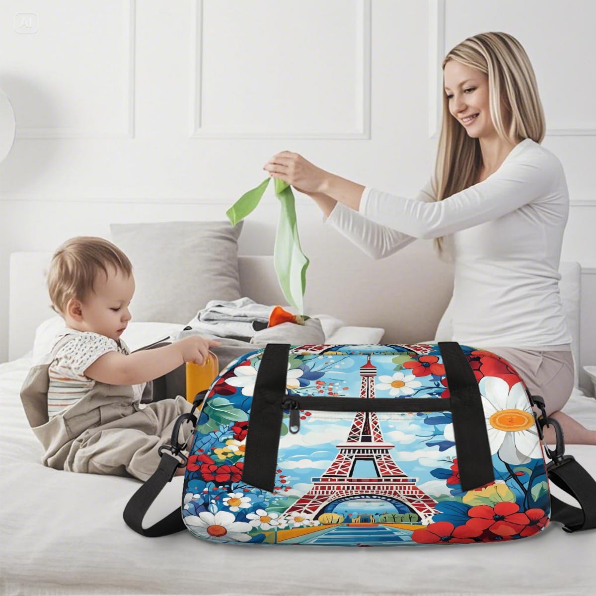 Kids Travel Duffle Bag Weekender Overnight Bag Gym Tote for Boy Girls Carry On Workout Duffel Bag(Colored Fowers Eiffel Tower)