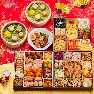 （12月31日着） 板前魂の琥珀 板前魂 おせち 特大8.5寸重箱 和洋中 中華風 三段重 豚角煮 焼売付 5人前 45品目