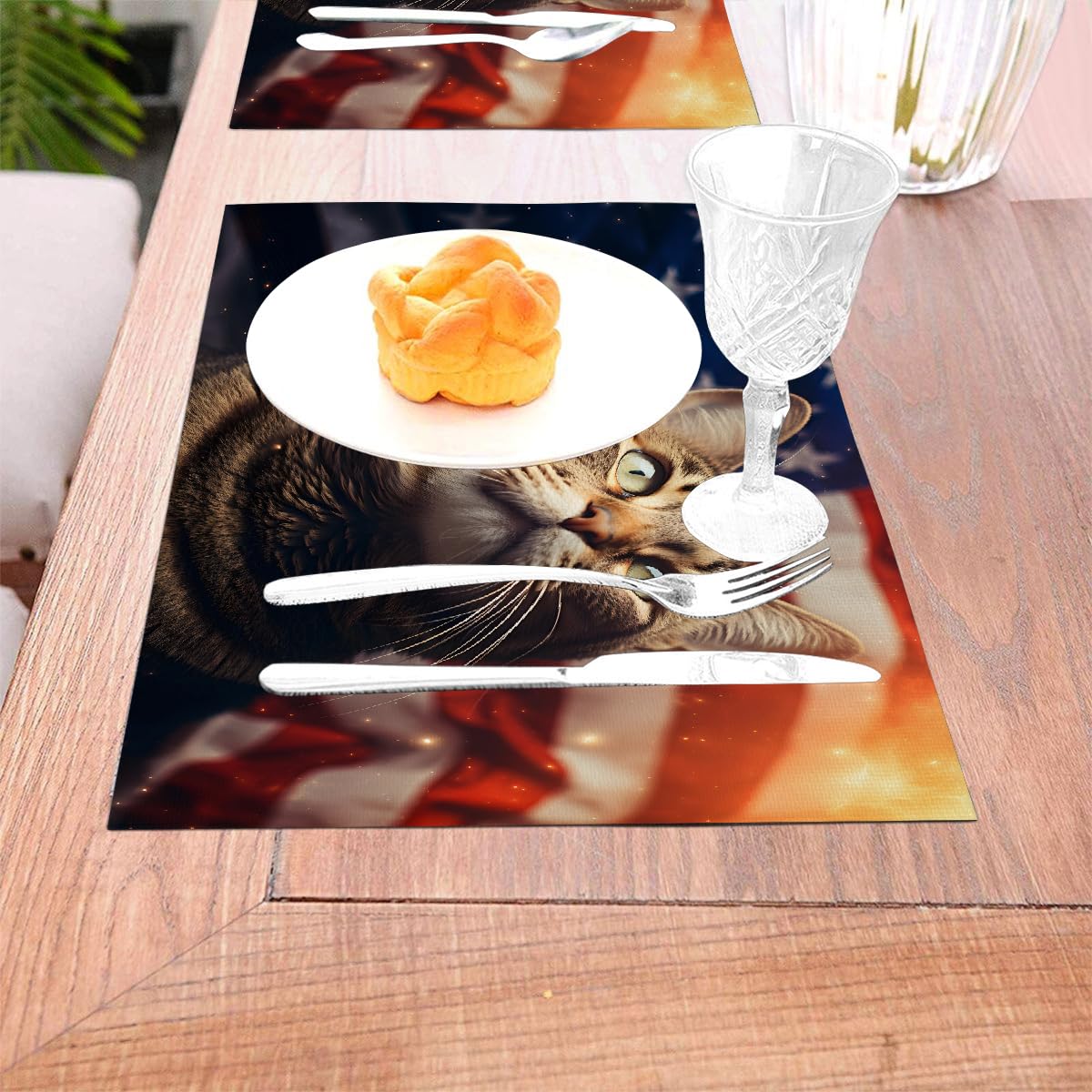 Set di 6 tovagliette con gatto bandiera americana del 4 luglio, lavabili e resistenti al calore, in vinile PVC, per cucina, sala da pranzo, decorazione da tavolo