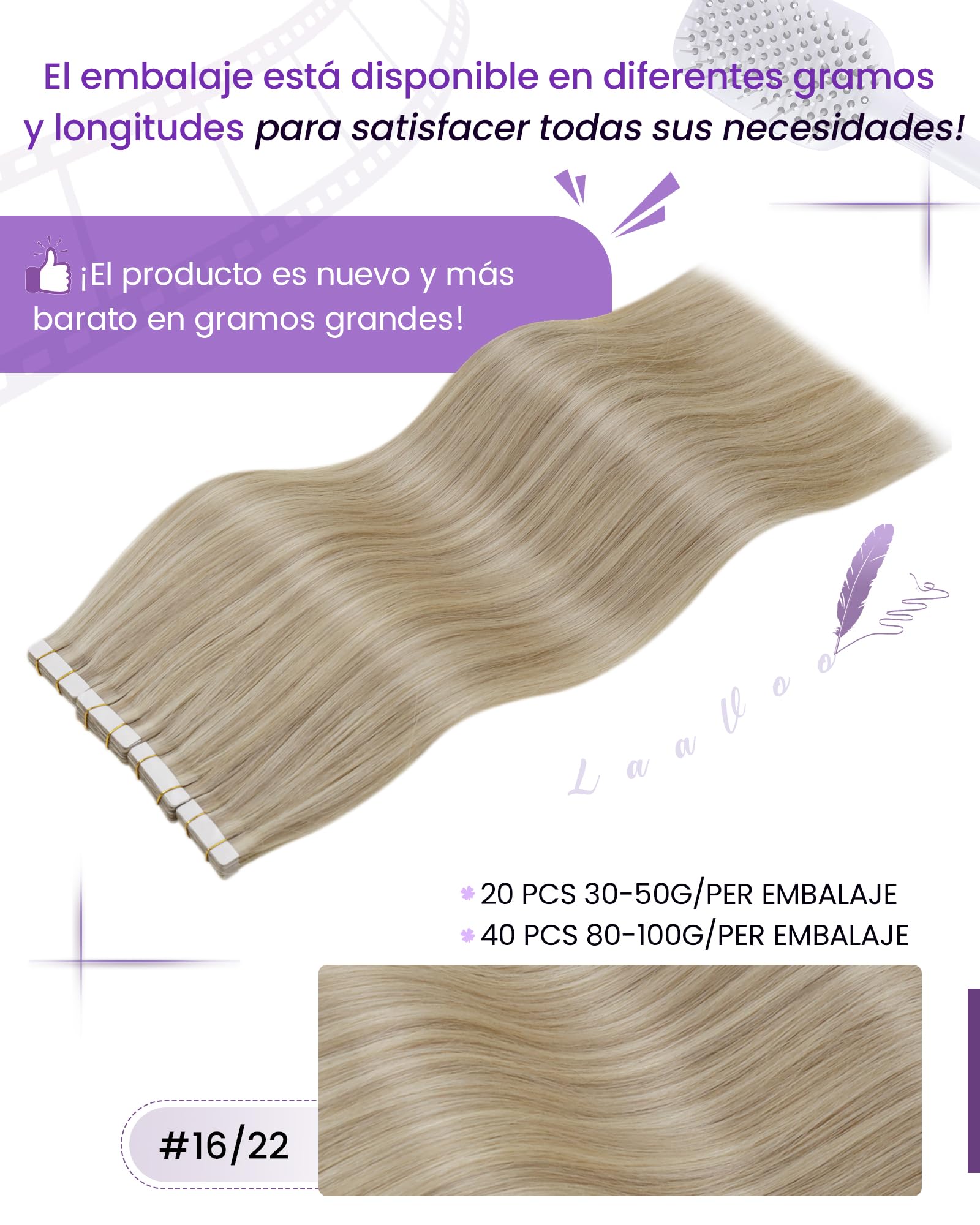 LaaVoo Extensiones Adhesivas Pelo Natural Brown Clair Highlight Dorado Claro 100g 40pcs Extensiones de Cabello Humano Peo Verdad Rubio Claro 40cm Remy #p16/22
