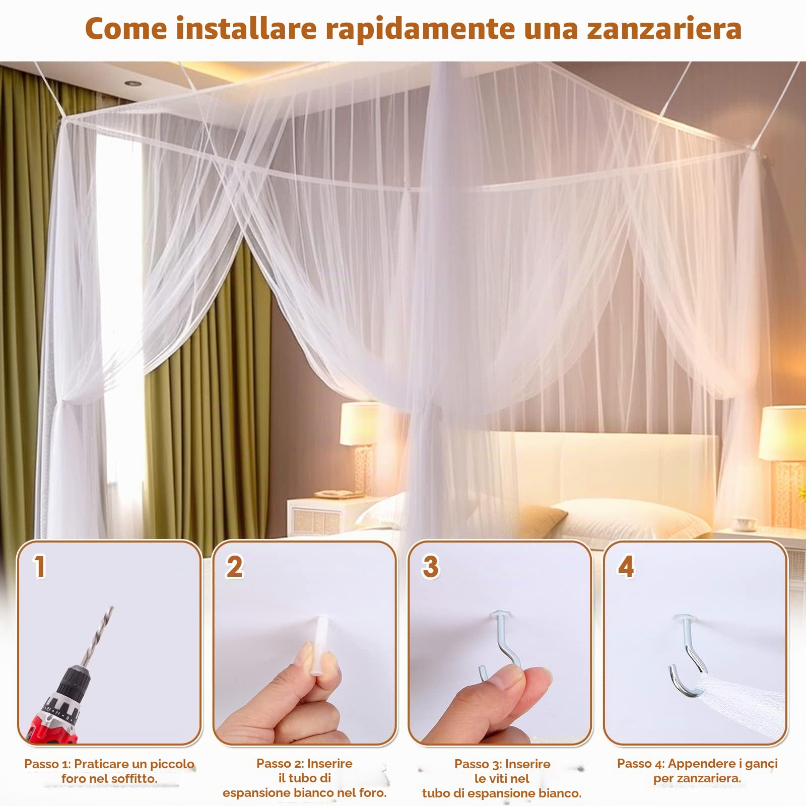 Zanzariera Letto Matrimoniale e Singolo - 1.9 m x 2.1 m x 2.4 m Zanzariere per Letto Matrimoniale e Singolo Letto Zanzariere Zanzara Zanzariera Viaggio Casa Adatto per Interno ed Esterno